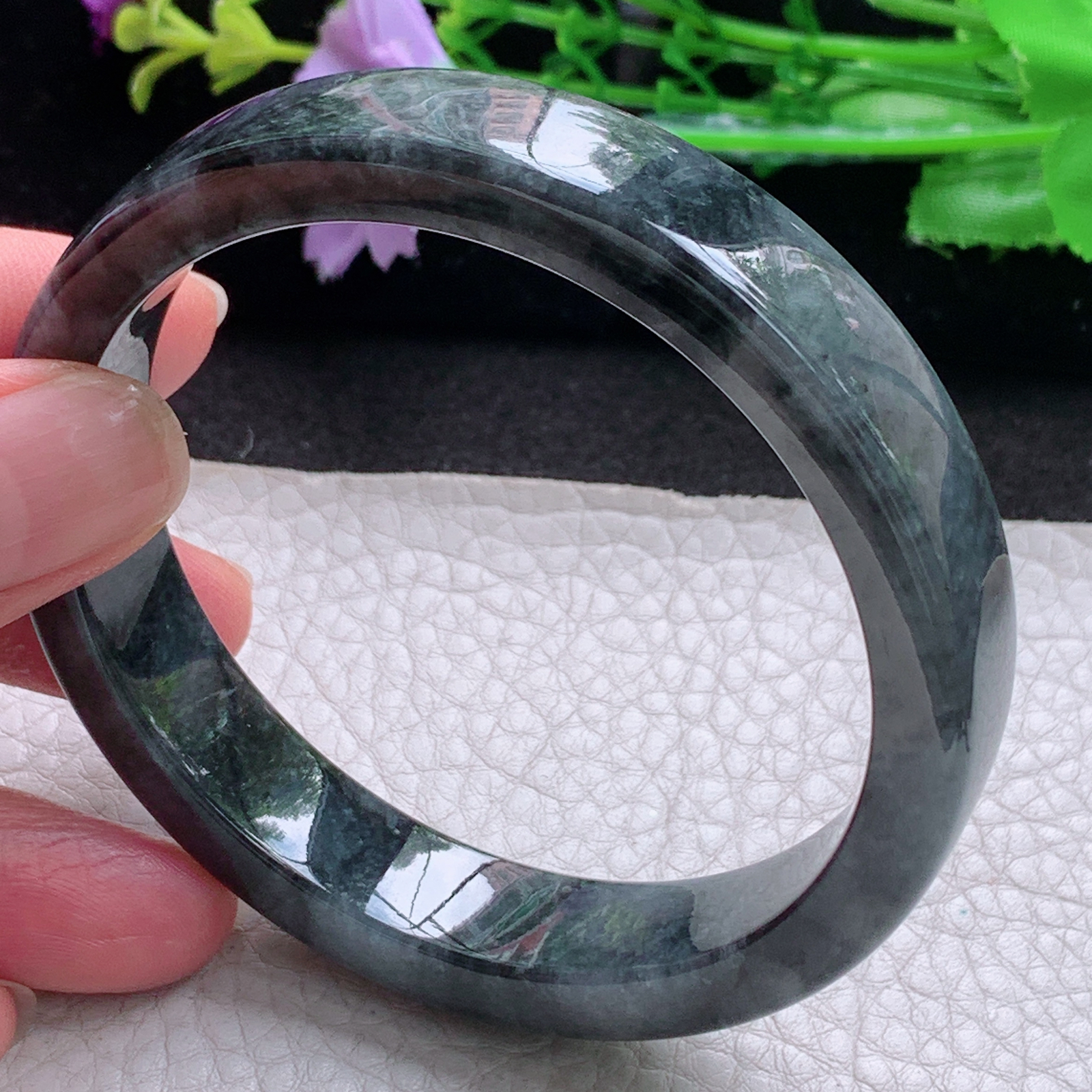 js大圈口60.5*12.8*7.2宽扁镯 缅甸翡翠a货玉手镯乌鸡正圈玉手环