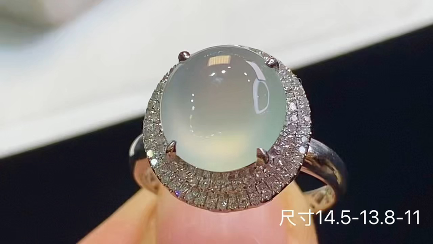 18k金+钻玻璃种蛋面戒指，无裂，14.5-13.8-11