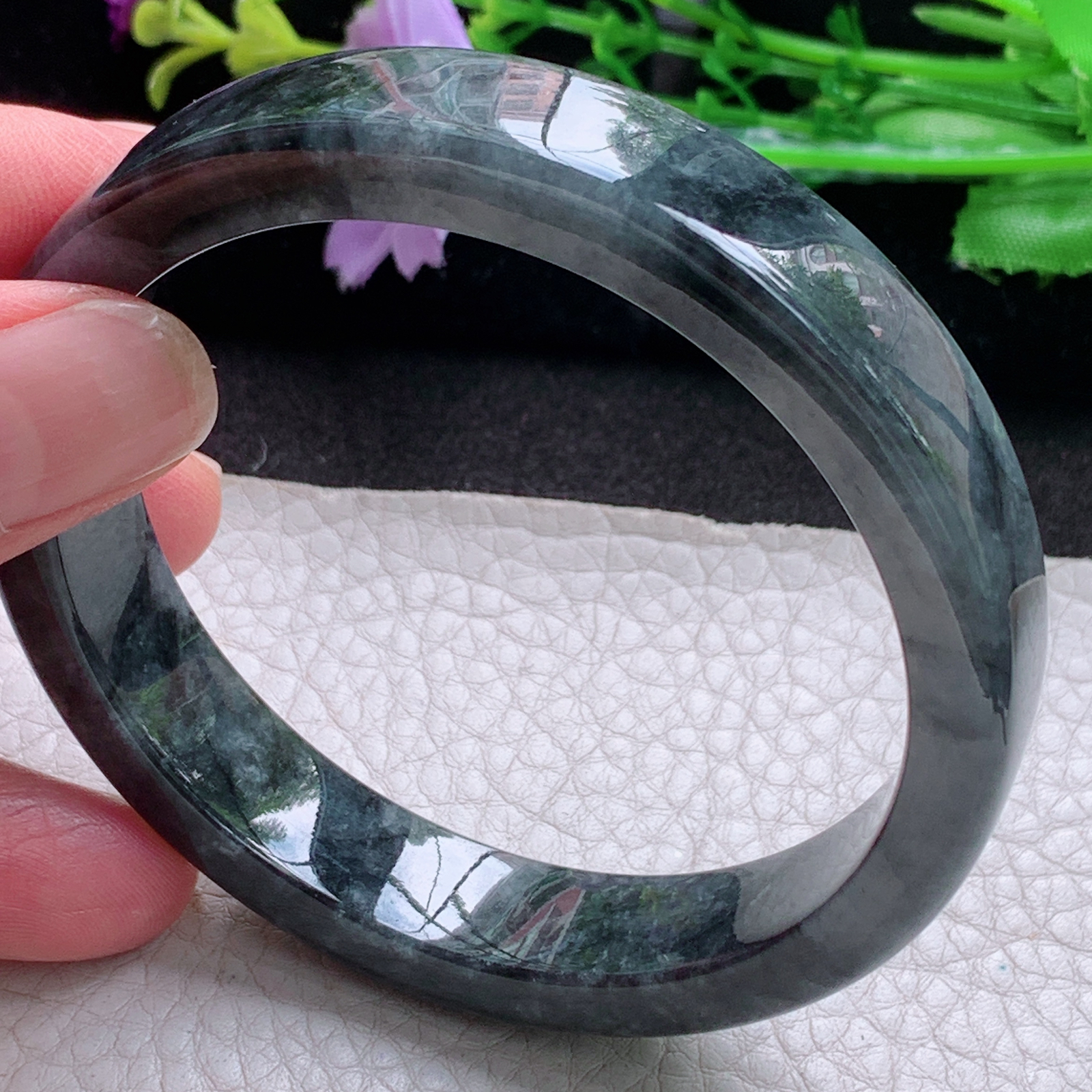 js大圈口60.5*12.8*7.2宽扁镯 缅甸翡翠a货玉手镯乌鸡正圈玉手环