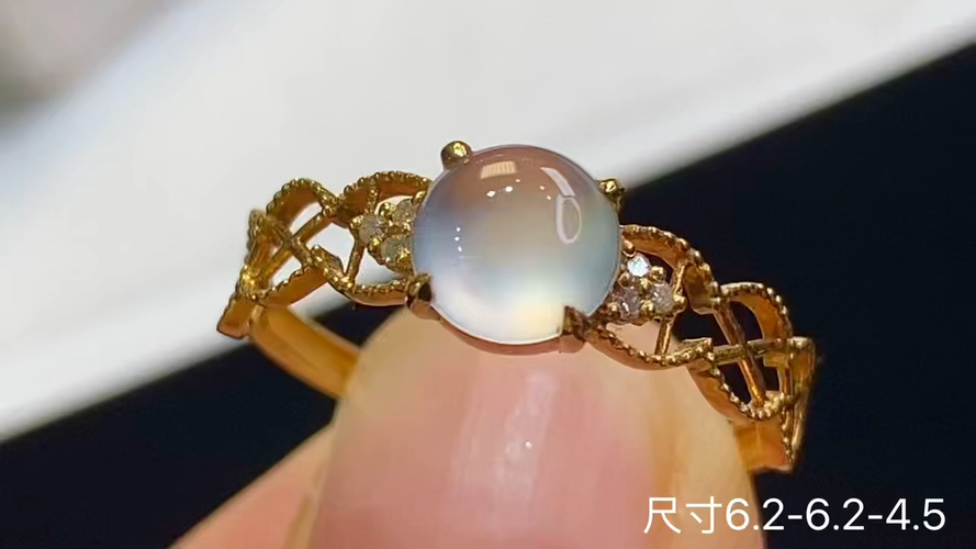 18k金+钻玻璃种蛋面戒指，无暇，6.2-6.2-4.5