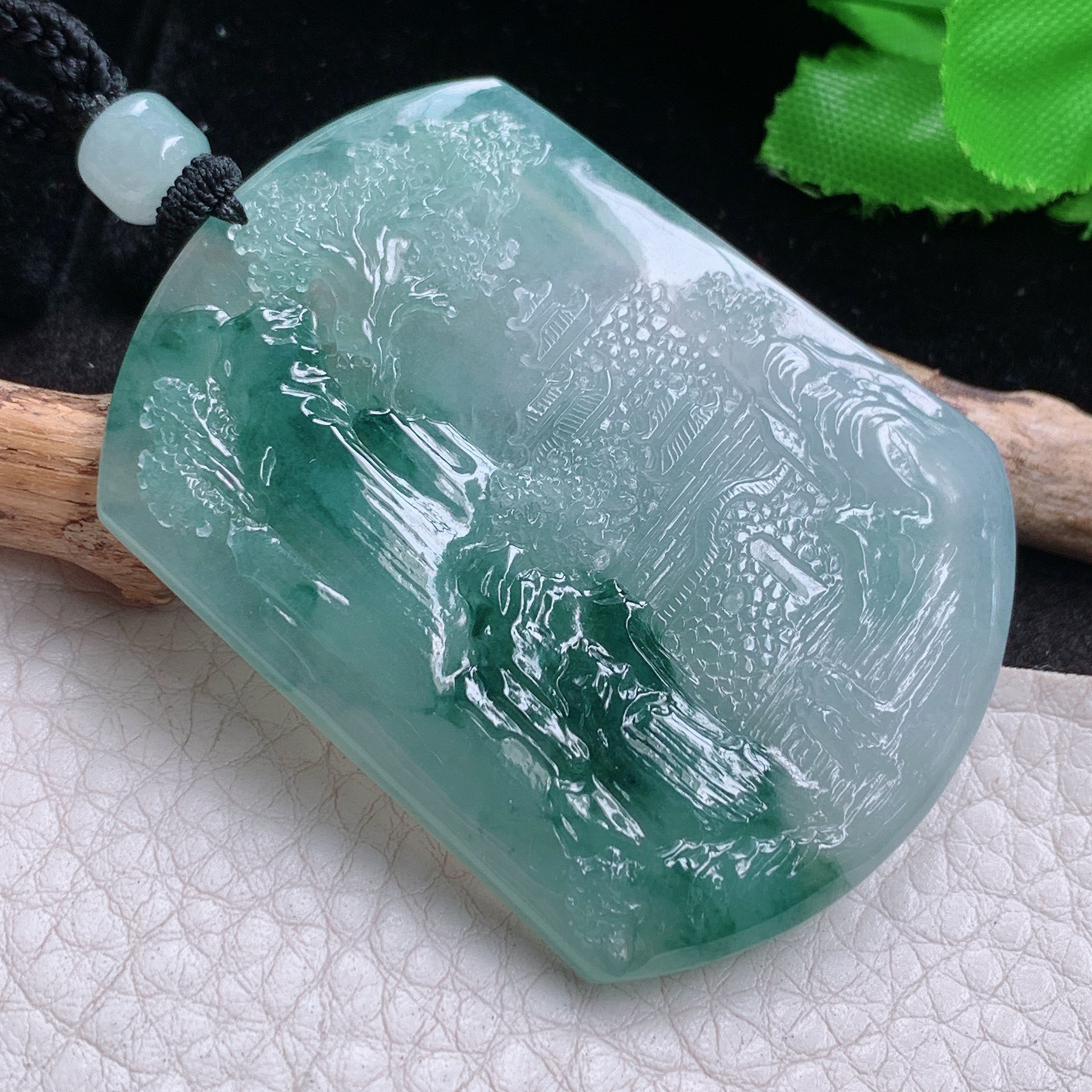 csy实拍55.3*42.5*6缅甸翡翠a货精雕冰飘蓝花富甲天下 山水玉吊坠