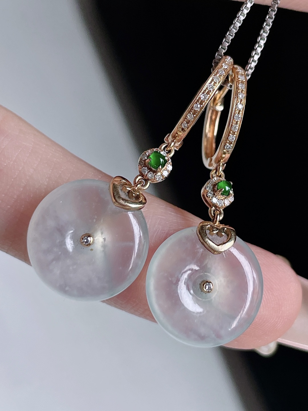 ️ 冰种平安扣耳坠 冰润通透 种老起光 18k金镶嵌 整体 32.1 裸石 13.6/3.3