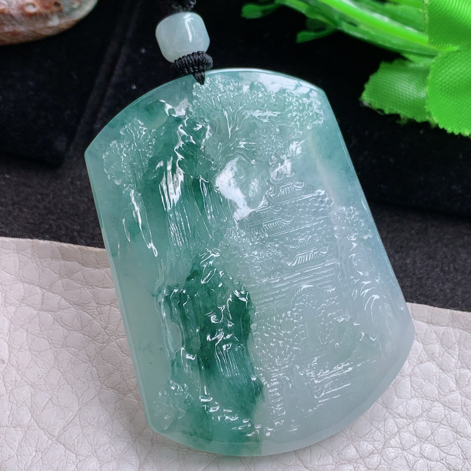 csy实拍55.3*42.5*6缅甸翡翠a货精雕冰飘蓝花富甲天下 山水玉吊坠