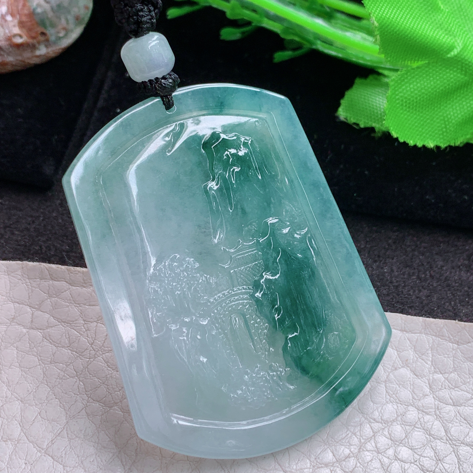 csy实拍55.3*42.5*6缅甸翡翠a货精雕冰飘蓝花富甲天下 山水玉吊坠