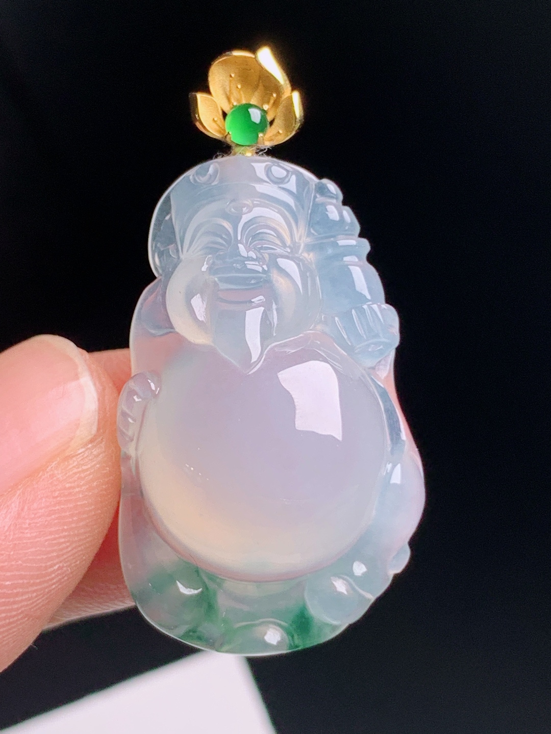 冰种飘花财神爷吊坠，冰透起光雕工喜庆，招财纳福造型别致 080720