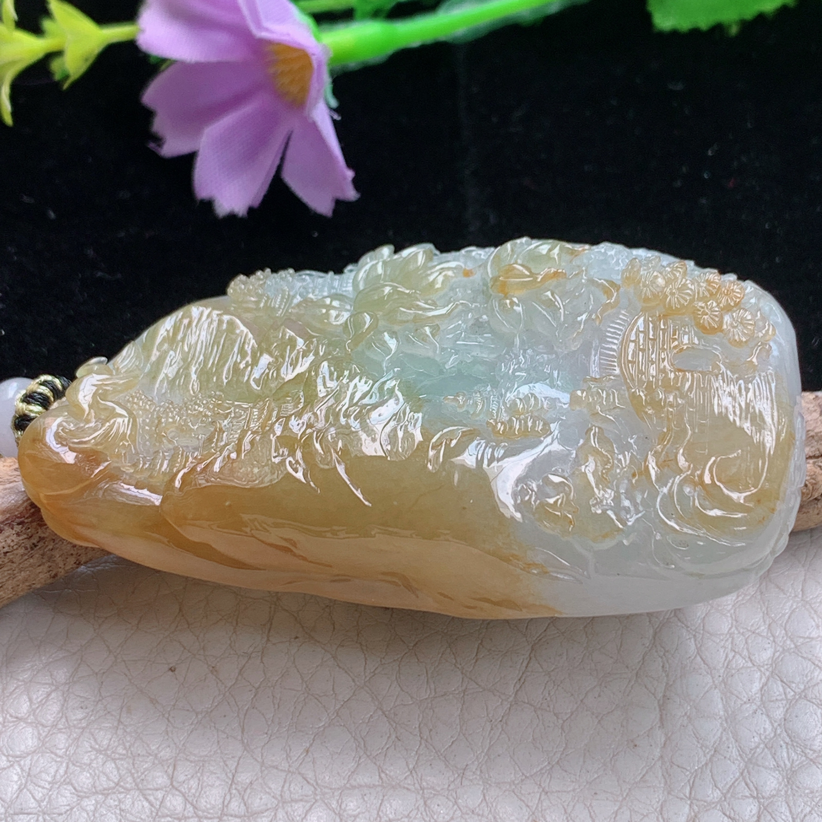 Yl实拍67*36.5*14冰透飘绿缅甸翡翠冰透黄翡山水牌吊坠