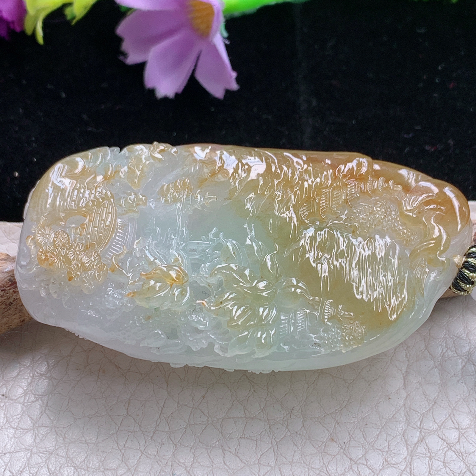 Yl实拍67*36.5*14冰透飘绿缅甸翡翠冰透黄翡山水牌吊坠