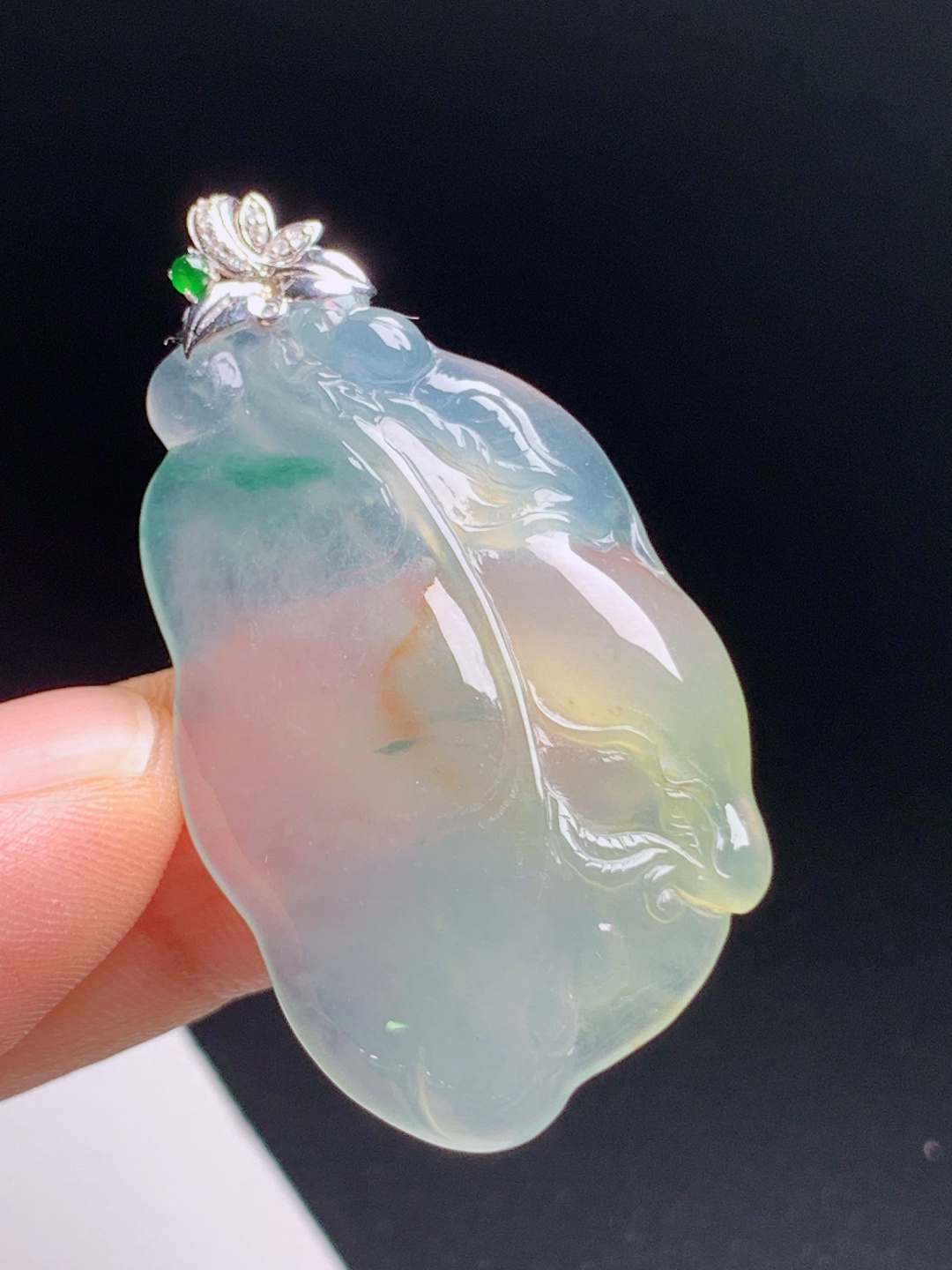 高冰飘花黄翡树叶吊坠，冰润通透黄翡飘绿，多子多福寓意雅致 080720