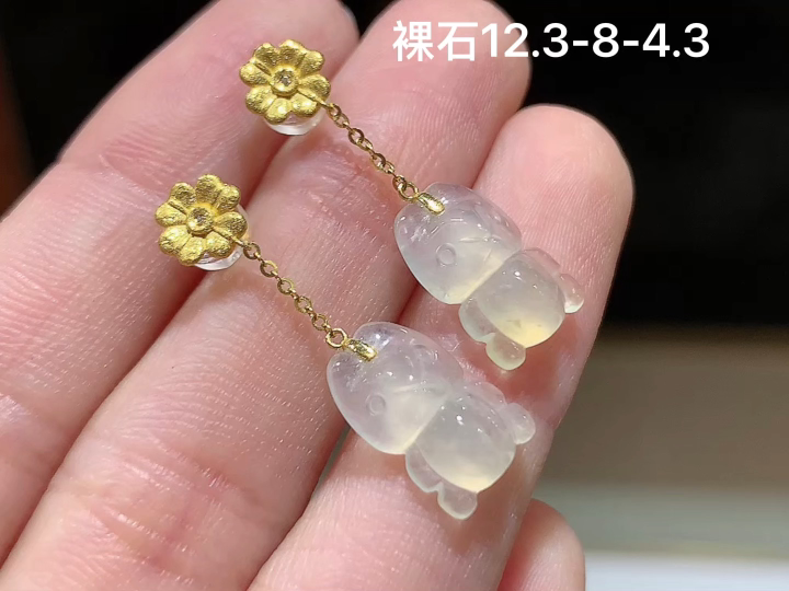 18K 冰黄翡熊耳坠 无裂 尺寸，12.3-8-4.3