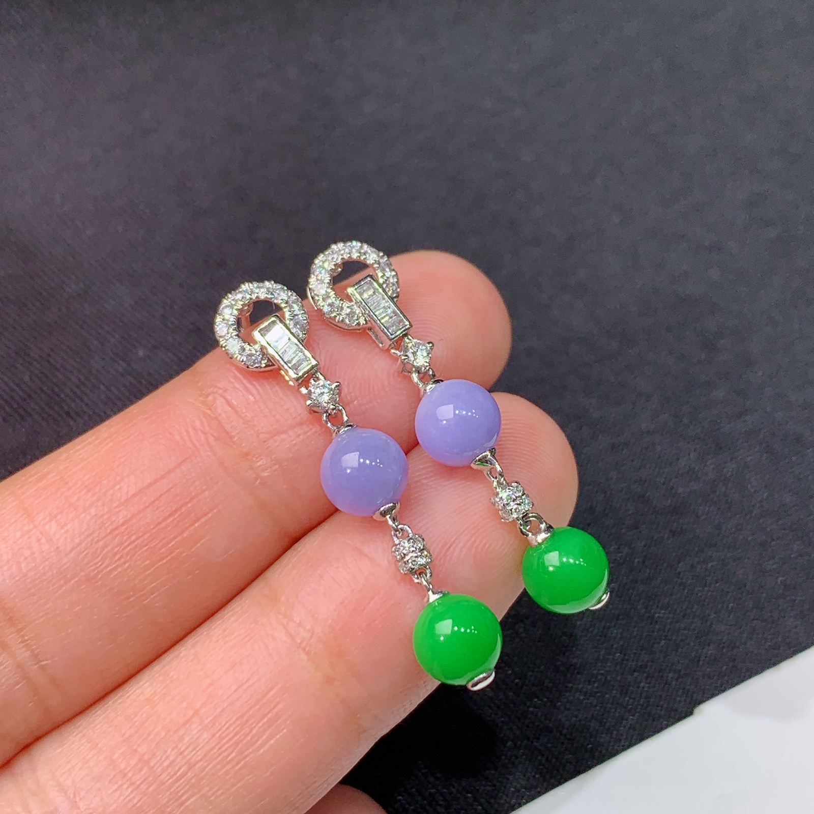 阳绿十紫罗兰圆珠耳坠，18k金镶嵌，简约时尚，冰润细腻，种水足，Zha 尺寸30.8*5.6
