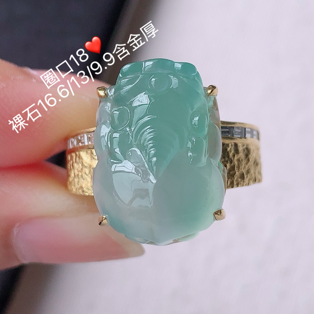 冰晴貔貅女戒冰润冰胶，底子细腻莹润，佩戴清新优雅，16.6-13-9.9