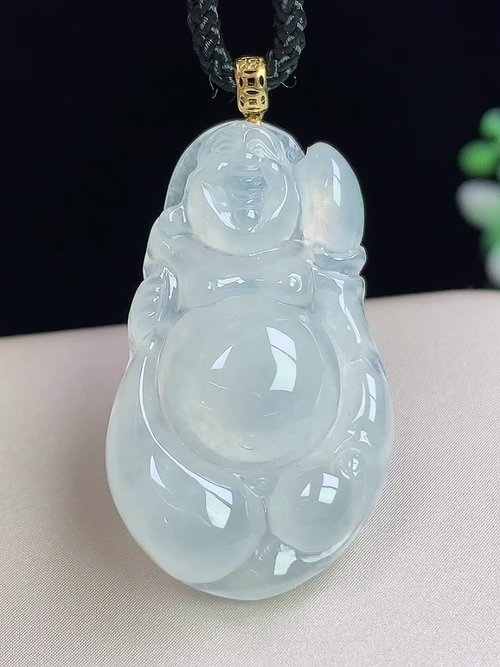 18k金镶冰种布袋佛，无裂，尺寸30.5-17.8-5.7mm，Q25hwa