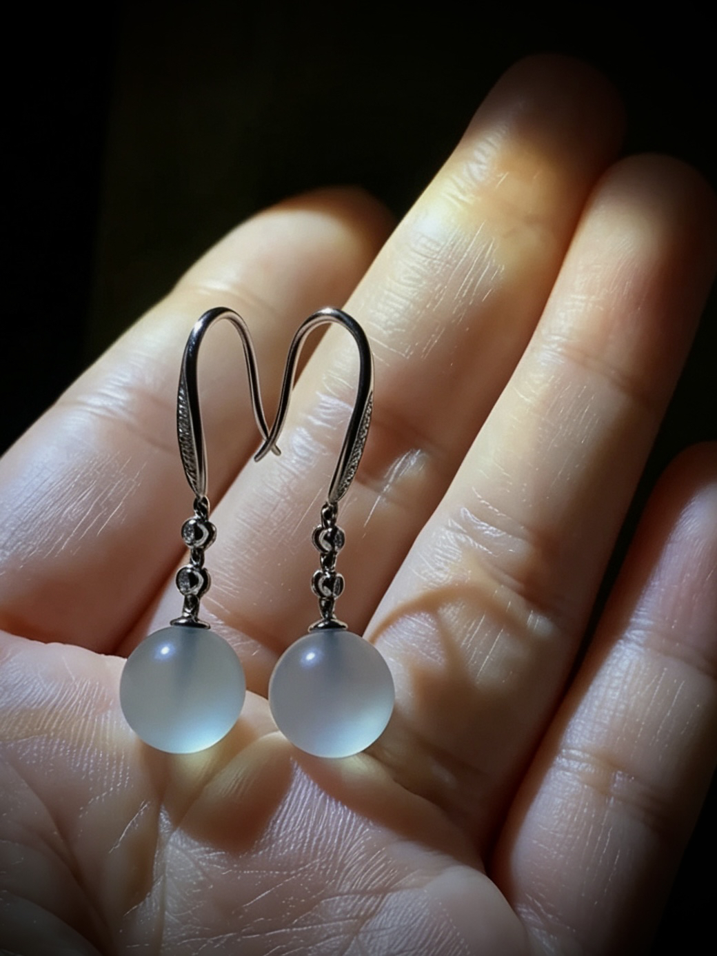 冰种翡翠珠子耳坠，直径9.5mm，
18K金，南非钻，一对4.32g，