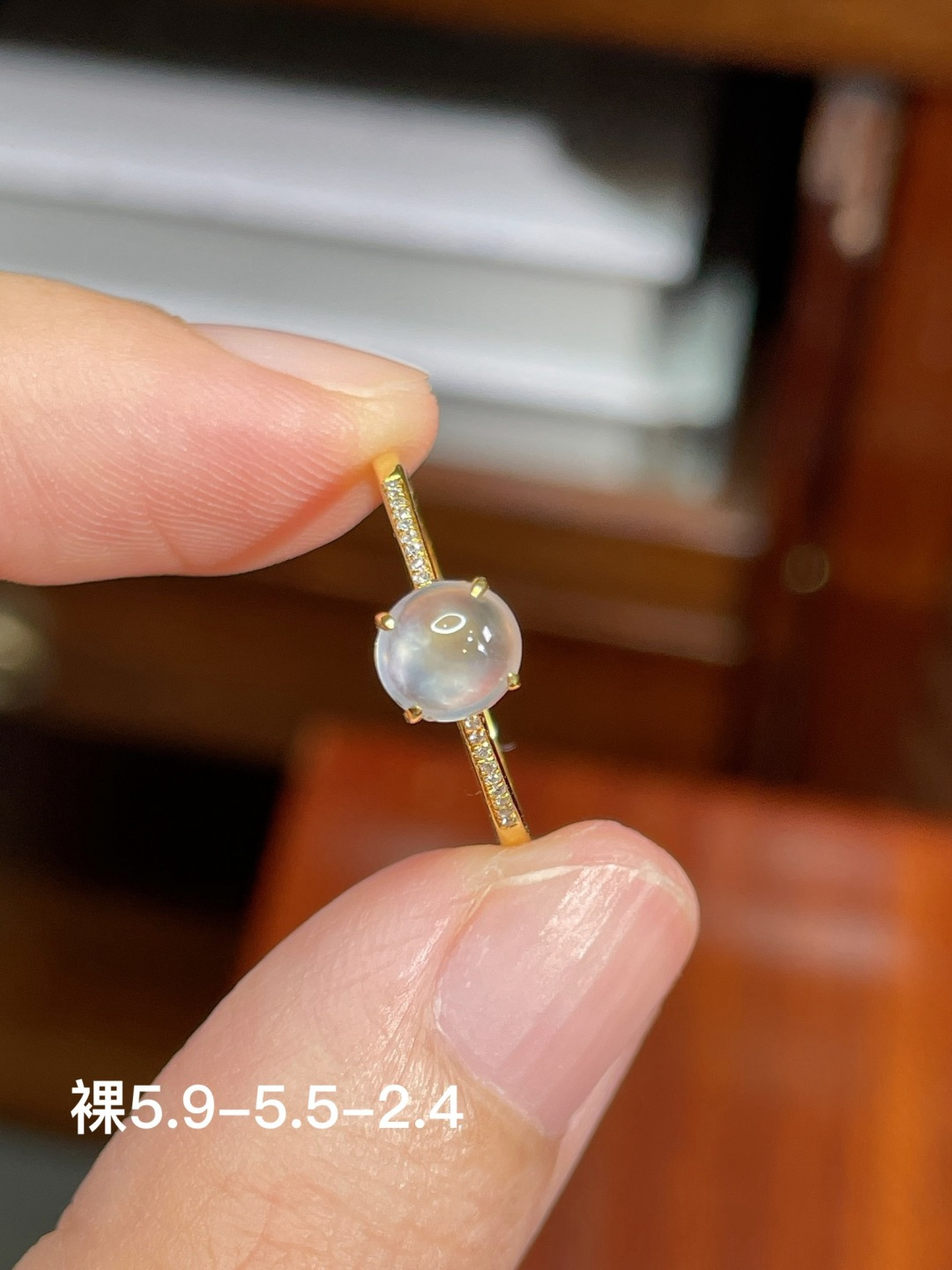 冰种蛋面戒指 无裂，18k金镶嵌，5.9-5.5-2.4