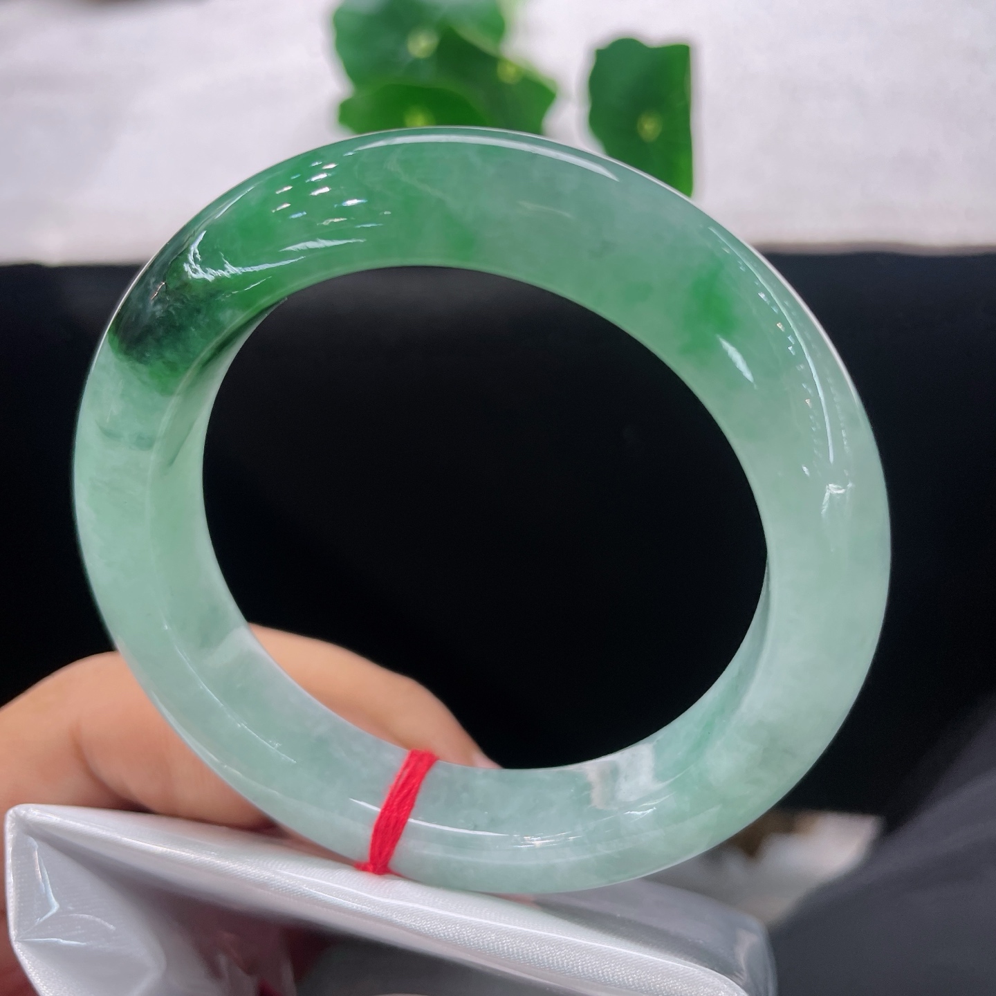 圈口54.5/12.3/9.4，飘阳绿正圈，54/55可戴，浅玉生烟翠，浓碧落玉环。无裂。