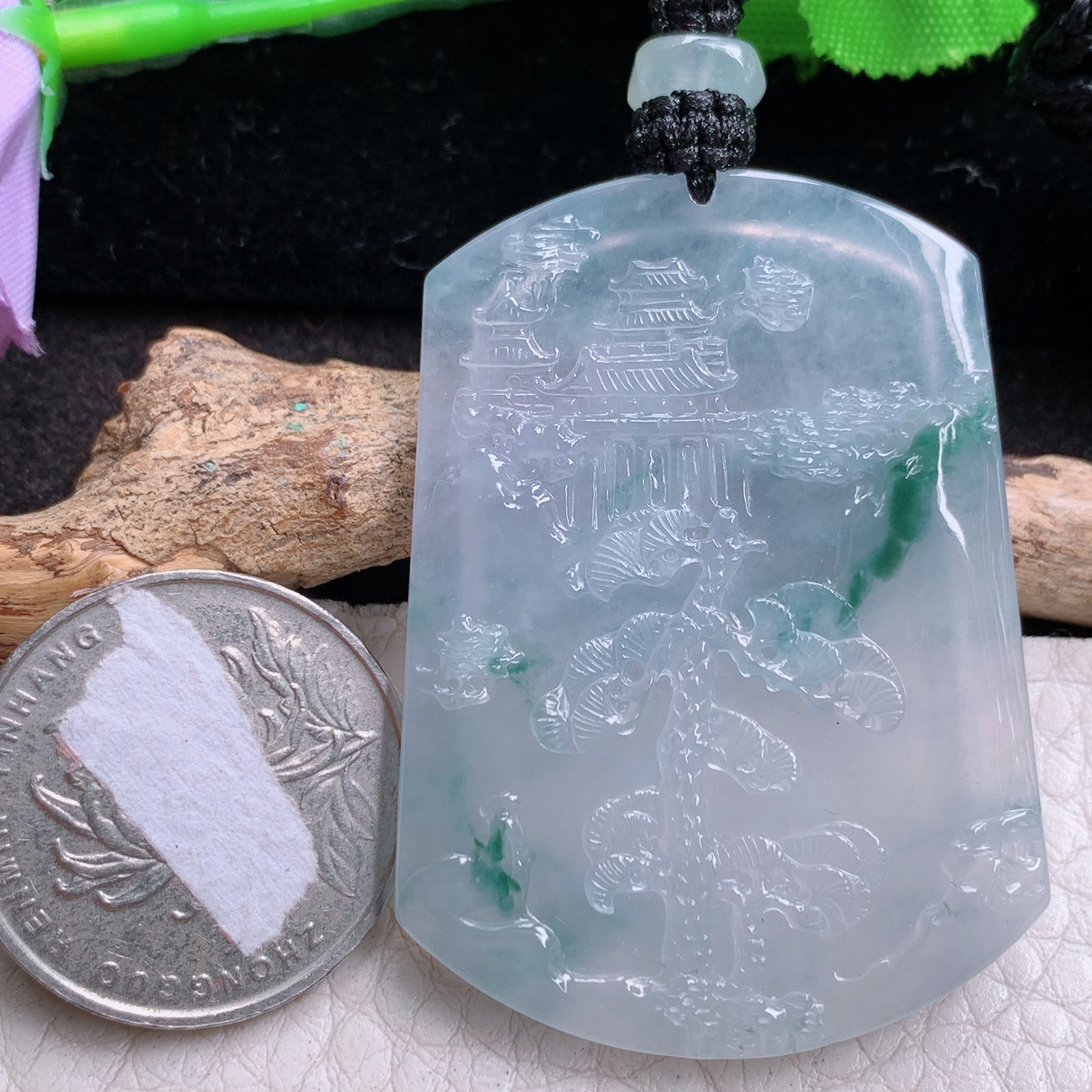 csy实拍48.6*36*5.2缅甸翡翠a货精雕冰飘蓝花山水牌吊坠 悠然自得