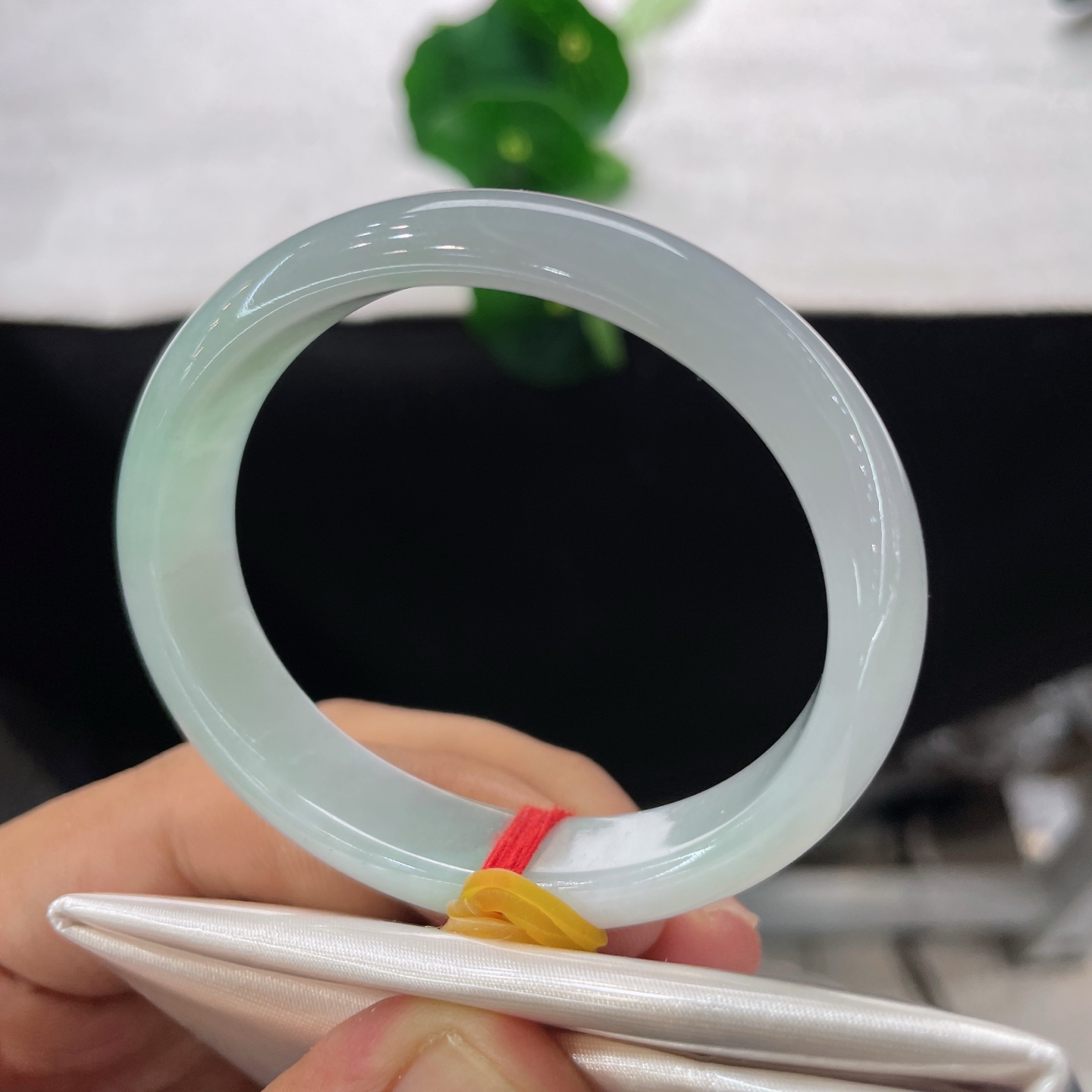 圈口53.6/12/6.6，淡绿底贵妃，52/53可戴，一抹柔翠静静晕在镯身，水光细腻温润，色彩清淡柔和，无裂
