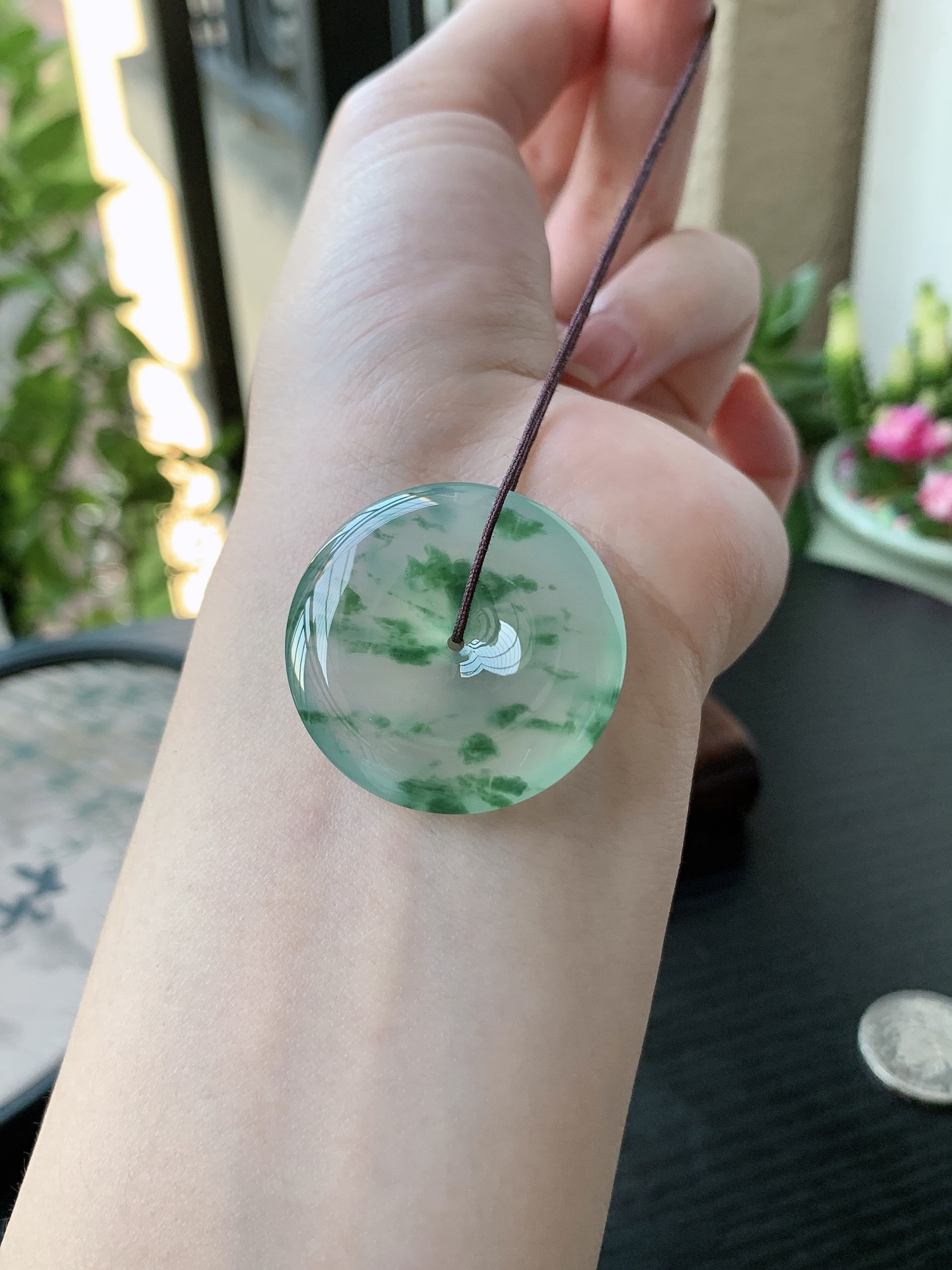 老坑冰种飘绿花平安扣吊坠 裸石尺寸:31.8-6.2mm