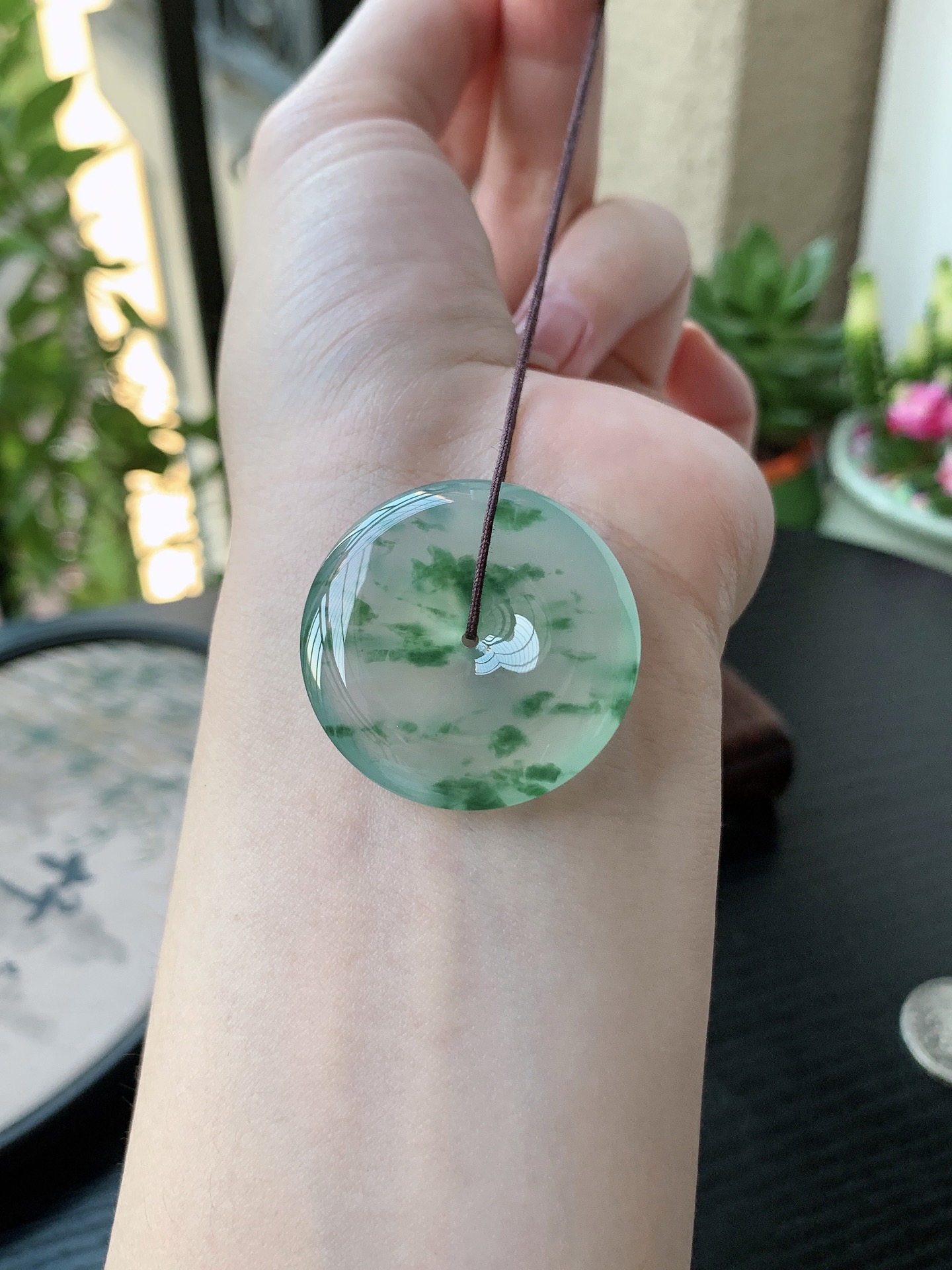老坑冰种飘绿花平安扣吊坠 裸石尺寸:31.8-6.2mm