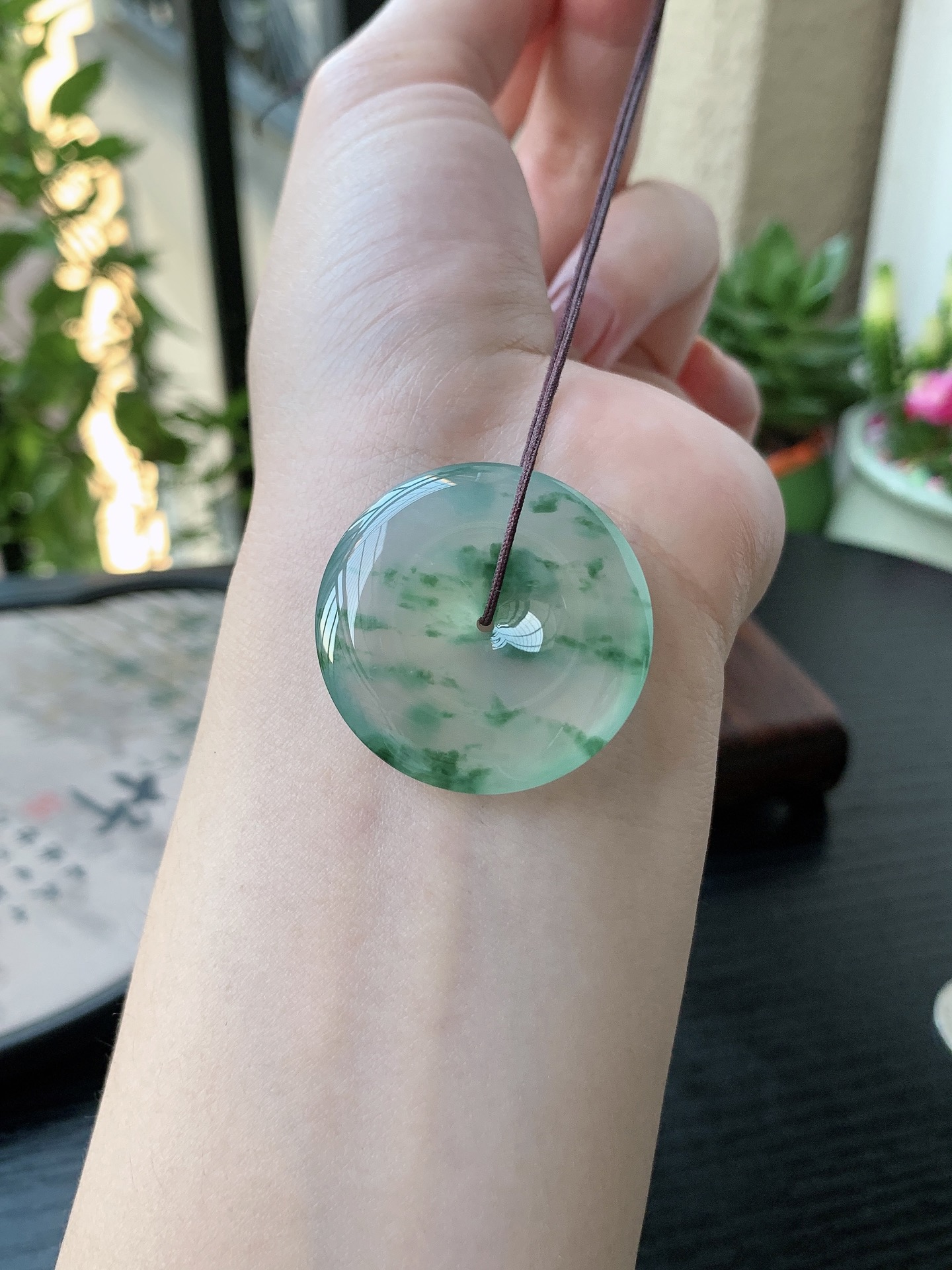 老坑冰种飘绿花平安扣吊坠 裸石尺寸:31.8-6.2mm