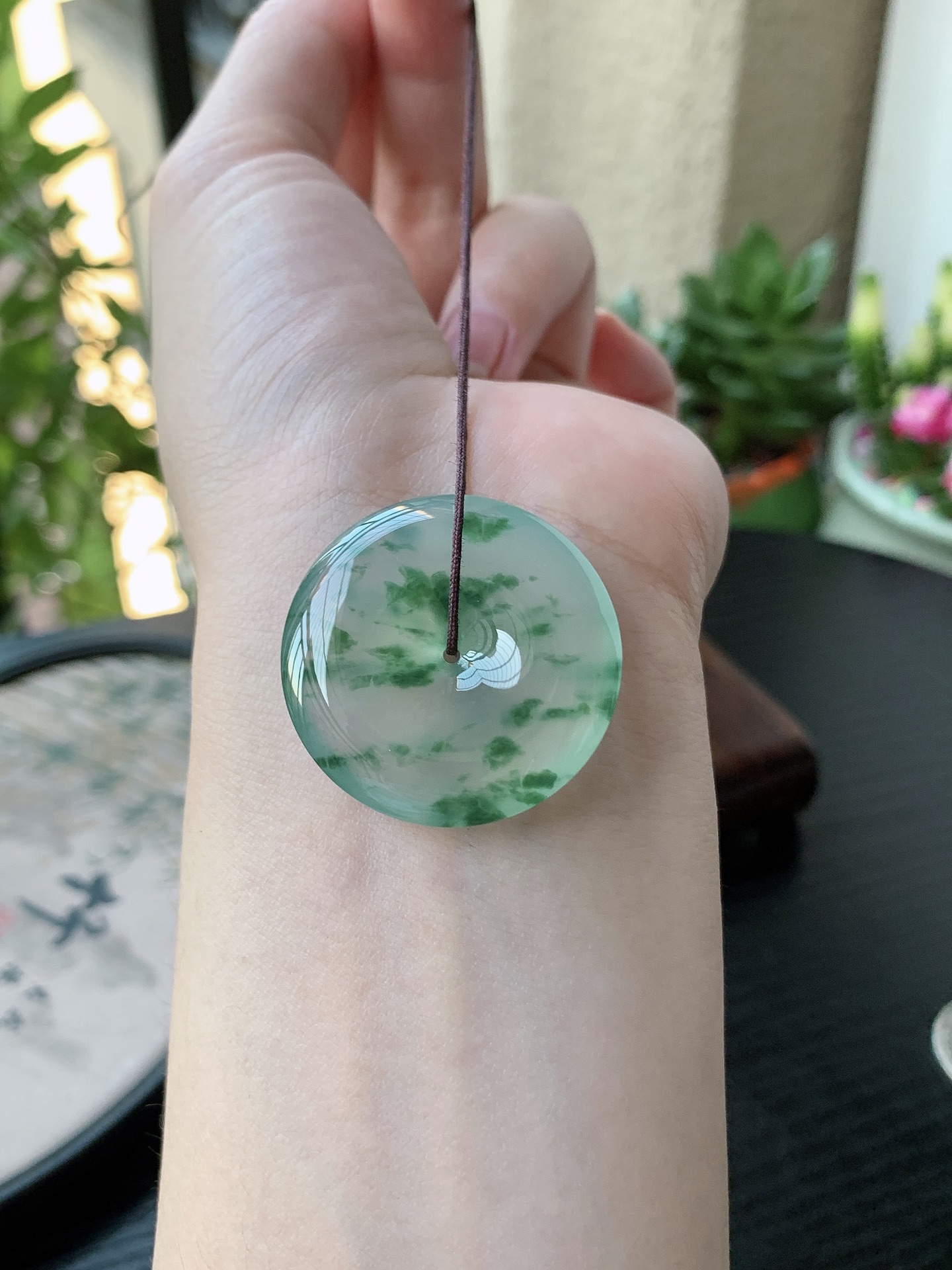 老坑冰种飘绿花平安扣吊坠 裸石尺寸:31.8-6.2mm
