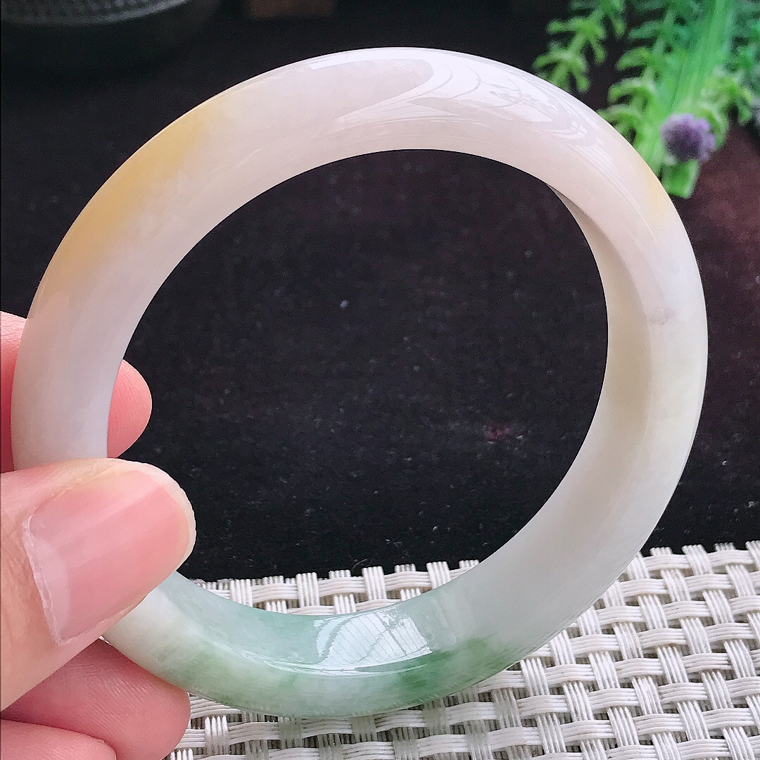 实拍A货翡翠58/12.8/8.8老坑冰润洒黄翡飘花手镯宽边玉镯平安镯手环