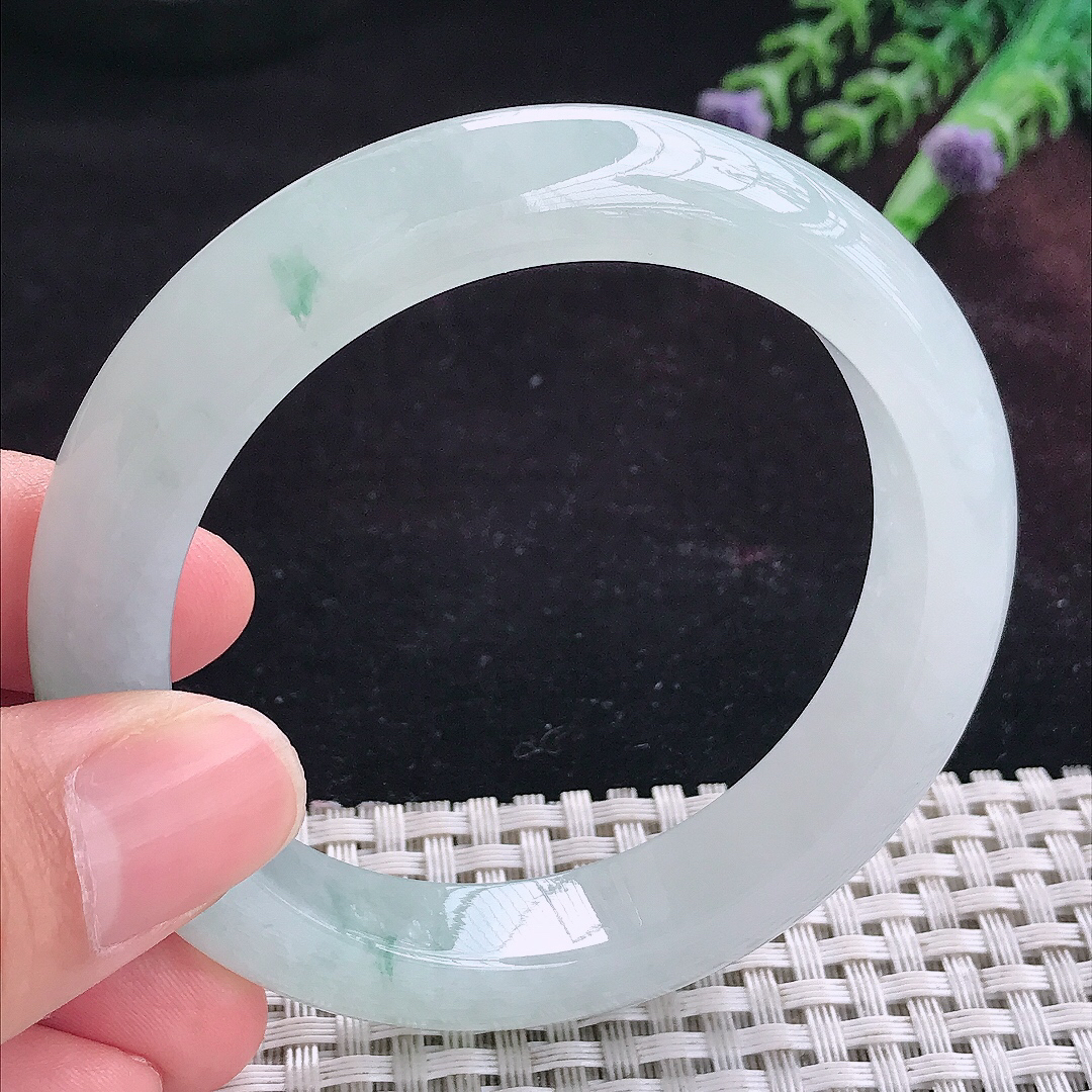 实拍A货翡翠55/11.8/9老坑冰胶冰飘花手镯宽边玉镯平安镯手环