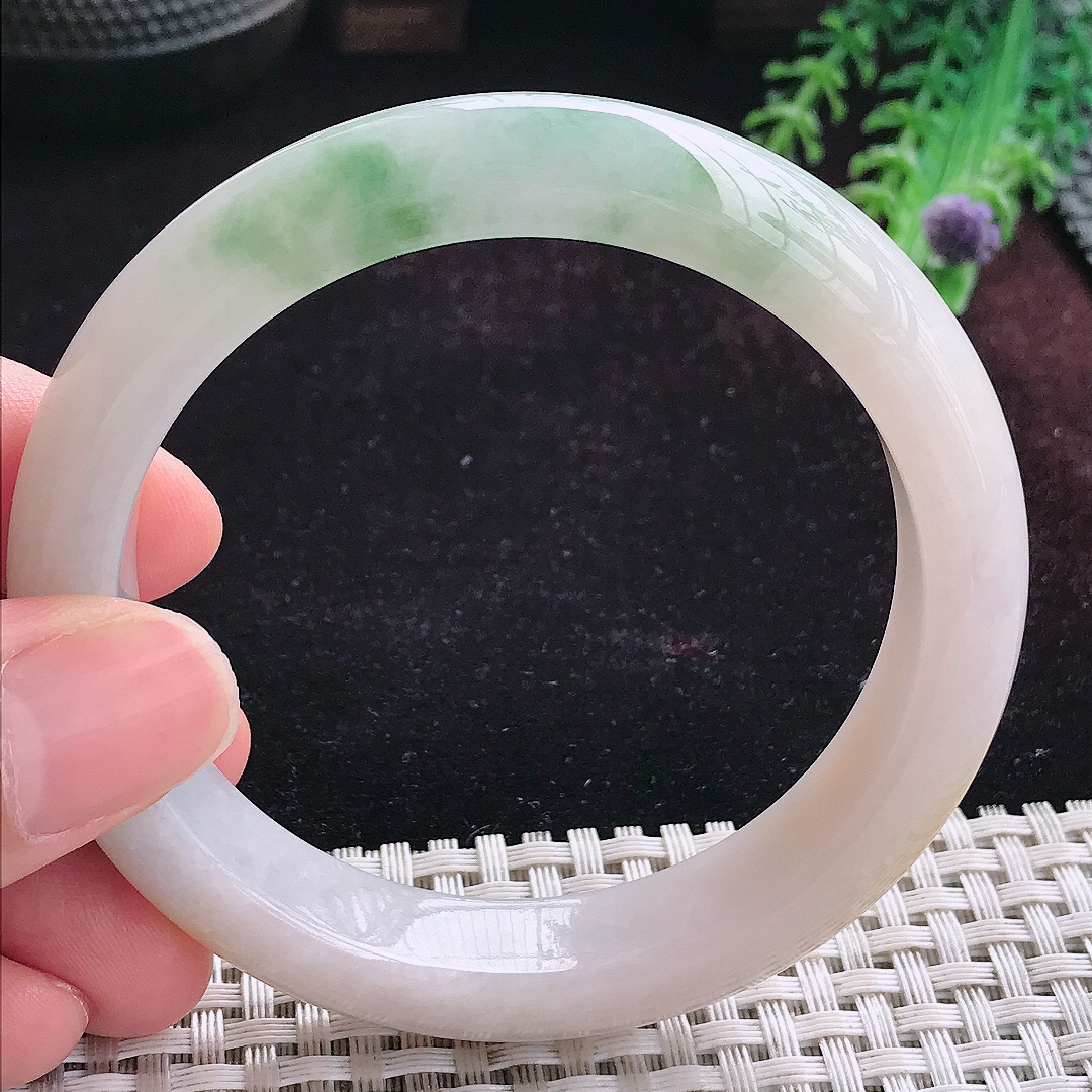 实拍A货翡翠58/12.8/8.8老坑冰润洒黄翡飘花手镯宽边玉镯平安镯手环