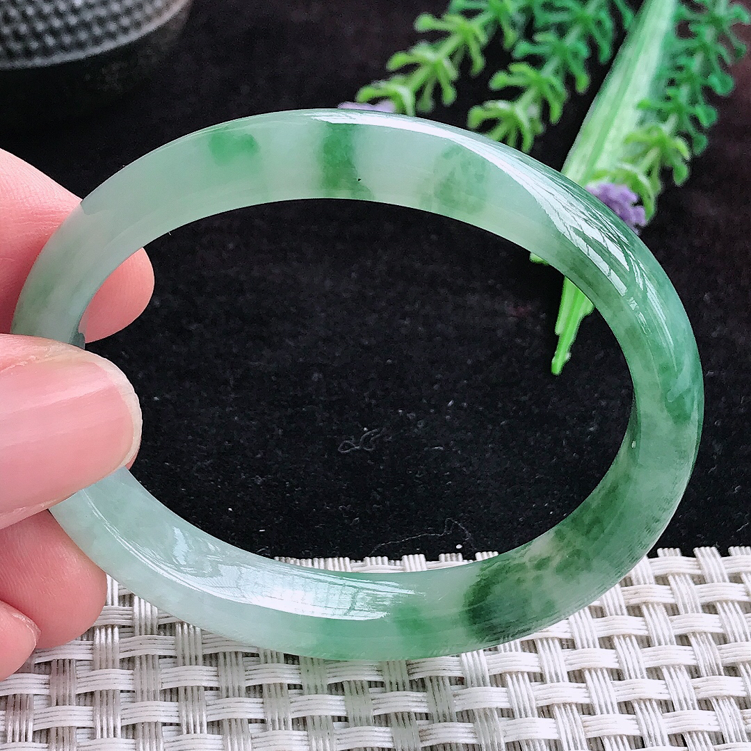 实拍A货翡翠53/44/11/6.5老坑精美冰飘花贵妃手镯宽边玉镯平安镯手环