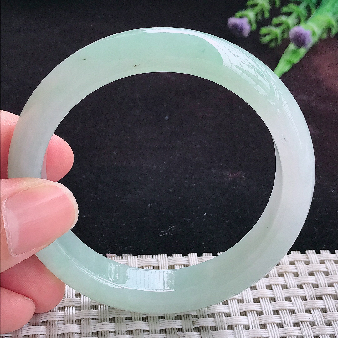 实拍A货翡翠54.5/12.3/8.5老坑冰润起胶冰晴绿手镯宽边玉镯平安镯手环