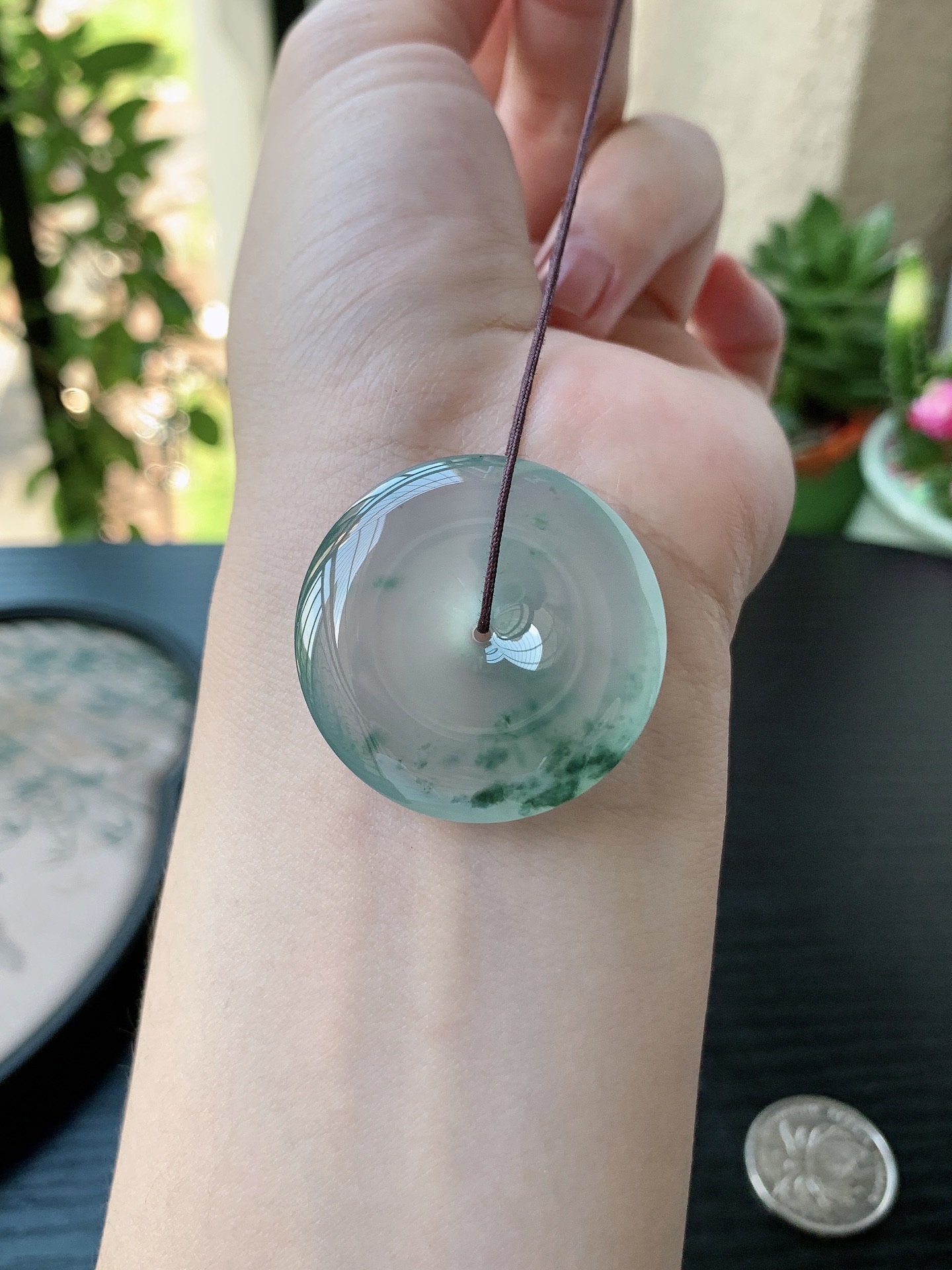 老坑胶感飘蓝花平安扣吊坠 裸石尺寸:33.8-6.8mm