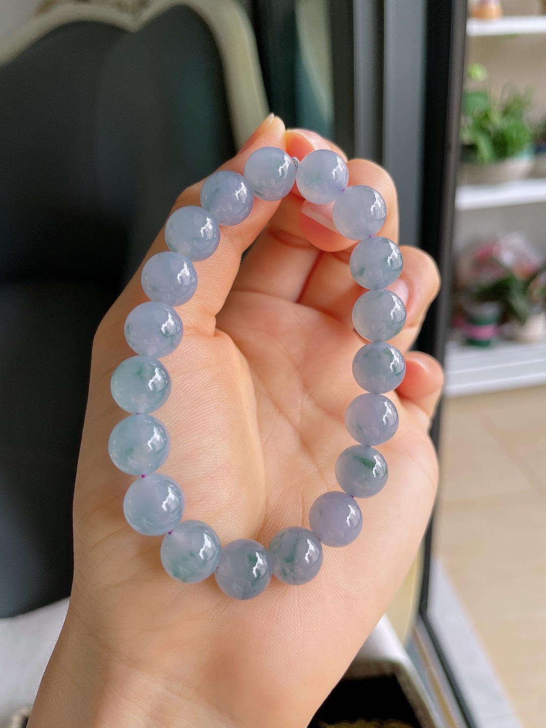 缅甸天然翡翠A货，冰飘花手串，尺寸：10mm。【编4427】