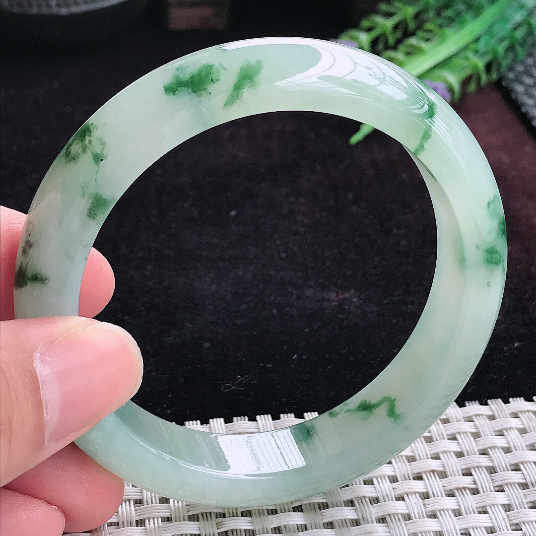 实拍A货翡翠57/13.3/8.5老坑冰润起胶冰飘花手镯宽边玉镯平安镯手环