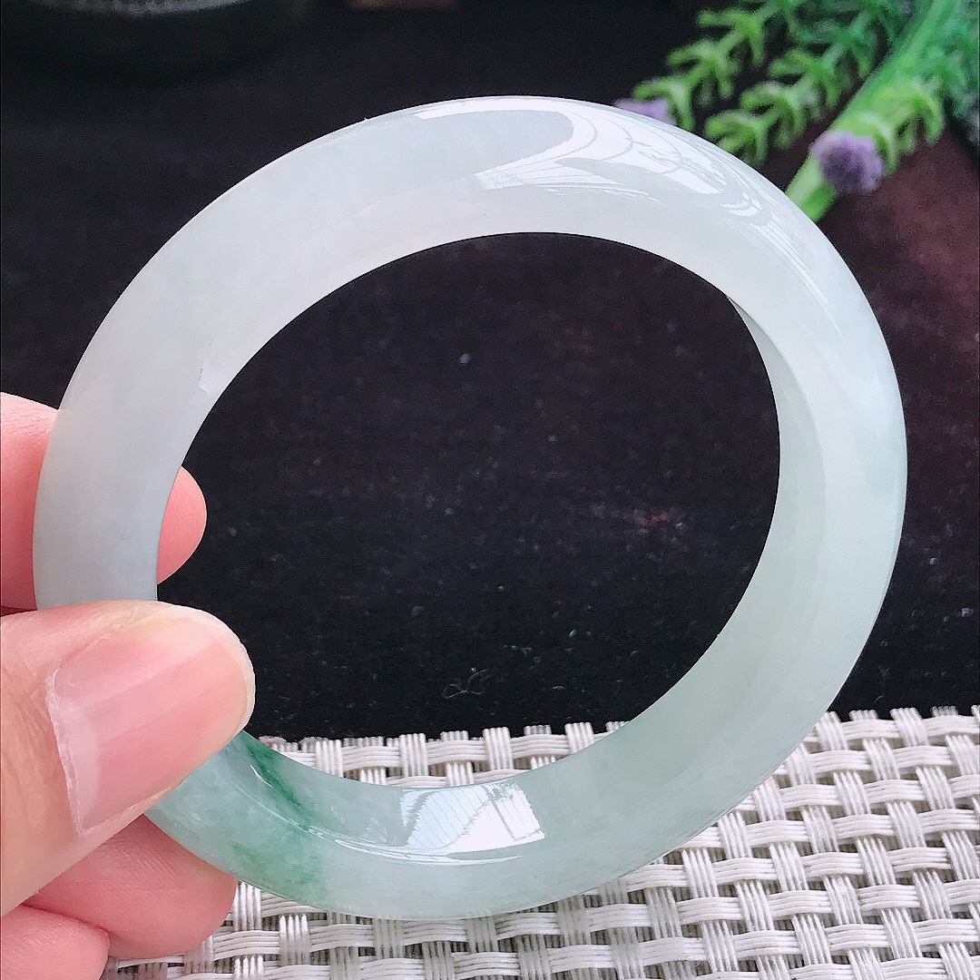 实拍A货翡翠55/11.8/9老坑冰胶冰飘花手镯宽边玉镯平安镯手环