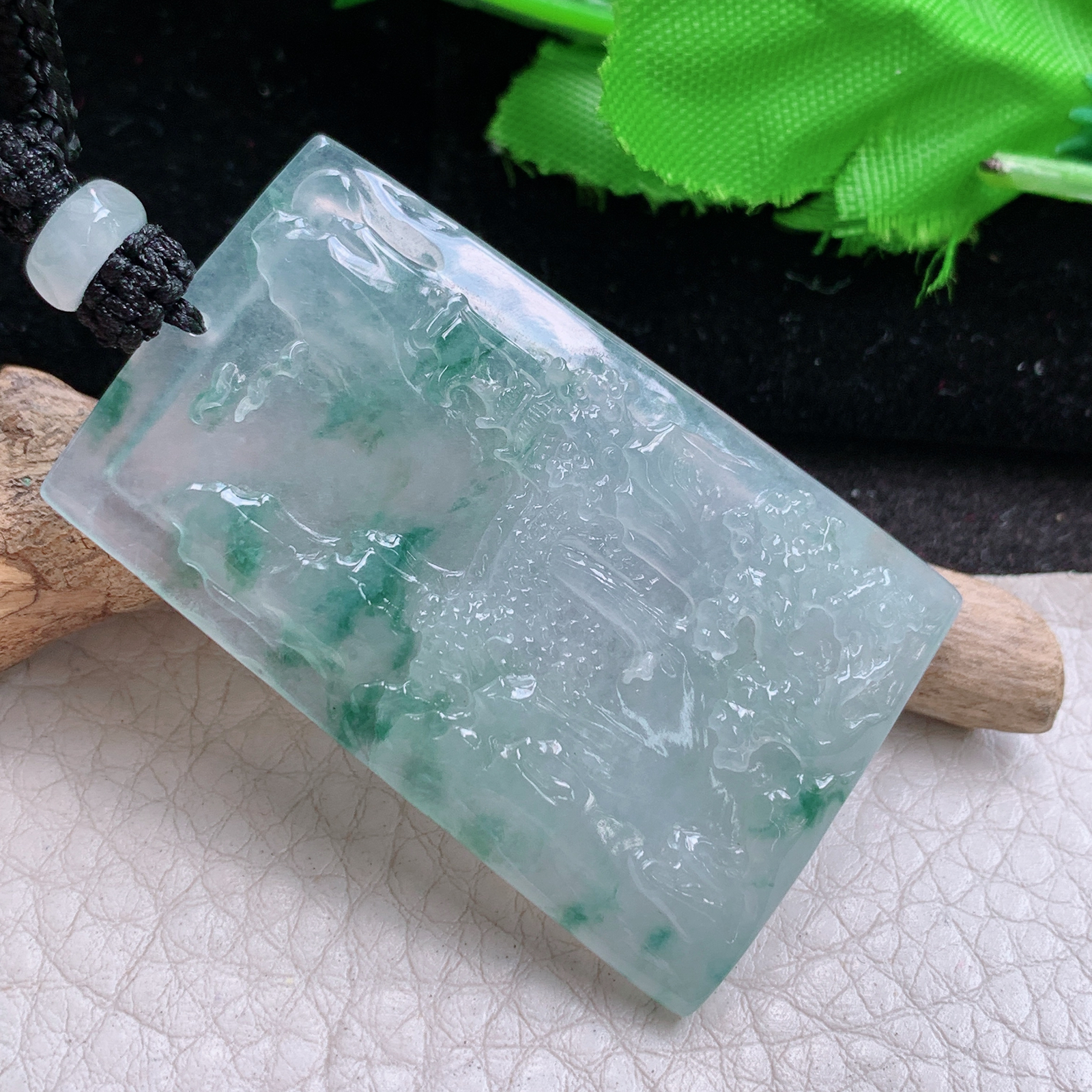 csy实拍49*30.5*5.8天然缅甸翡翠冰飘花大山水牌吊坠 步步高升