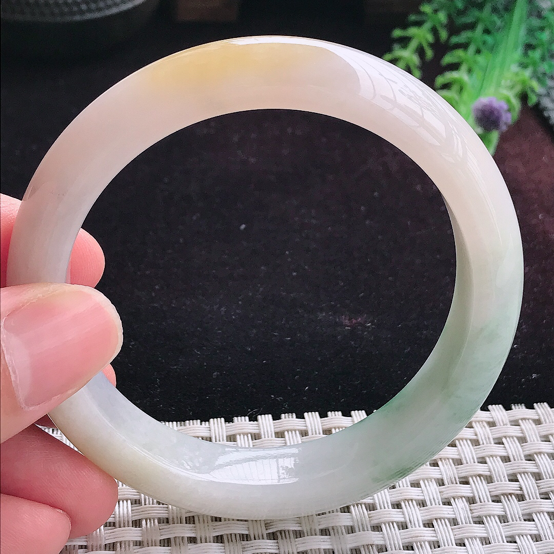 实拍A货翡翠58/12.8/8.8老坑冰润洒黄翡飘花手镯宽边玉镯平安镯手环