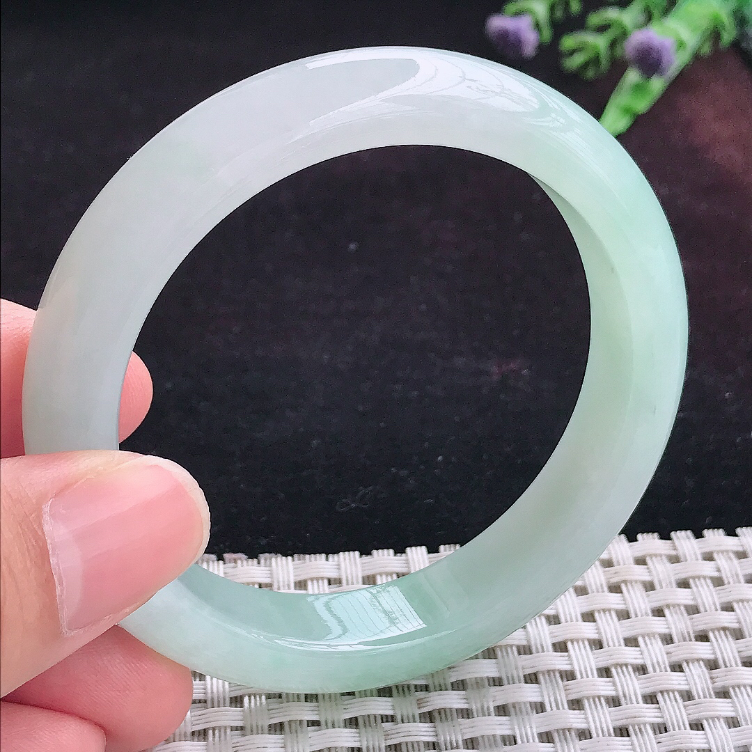 实拍A货翡翠54.5/12.3/8.5老坑冰润起胶冰晴绿手镯宽边玉镯平安镯手环