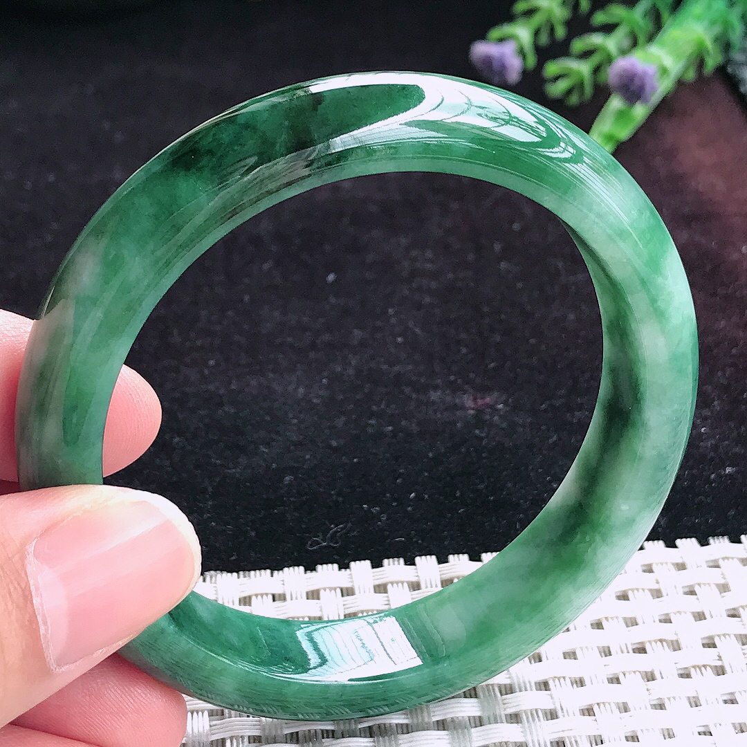 实拍A货翡翠56.5/12.8/8老坑温润特色飘花手镯宽边玉镯平安镯手环