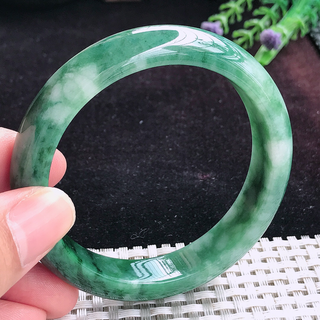 实拍A货翡翠56.5/12.8/8老坑温润特色飘花手镯宽边玉镯平安镯手环