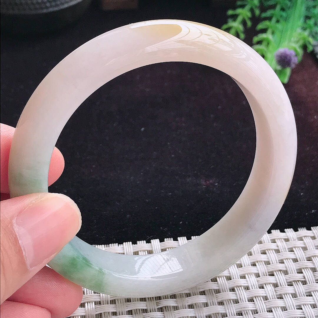 实拍A货翡翠58/12.8/8.8老坑冰润洒黄翡飘花手镯宽边玉镯平安镯手环