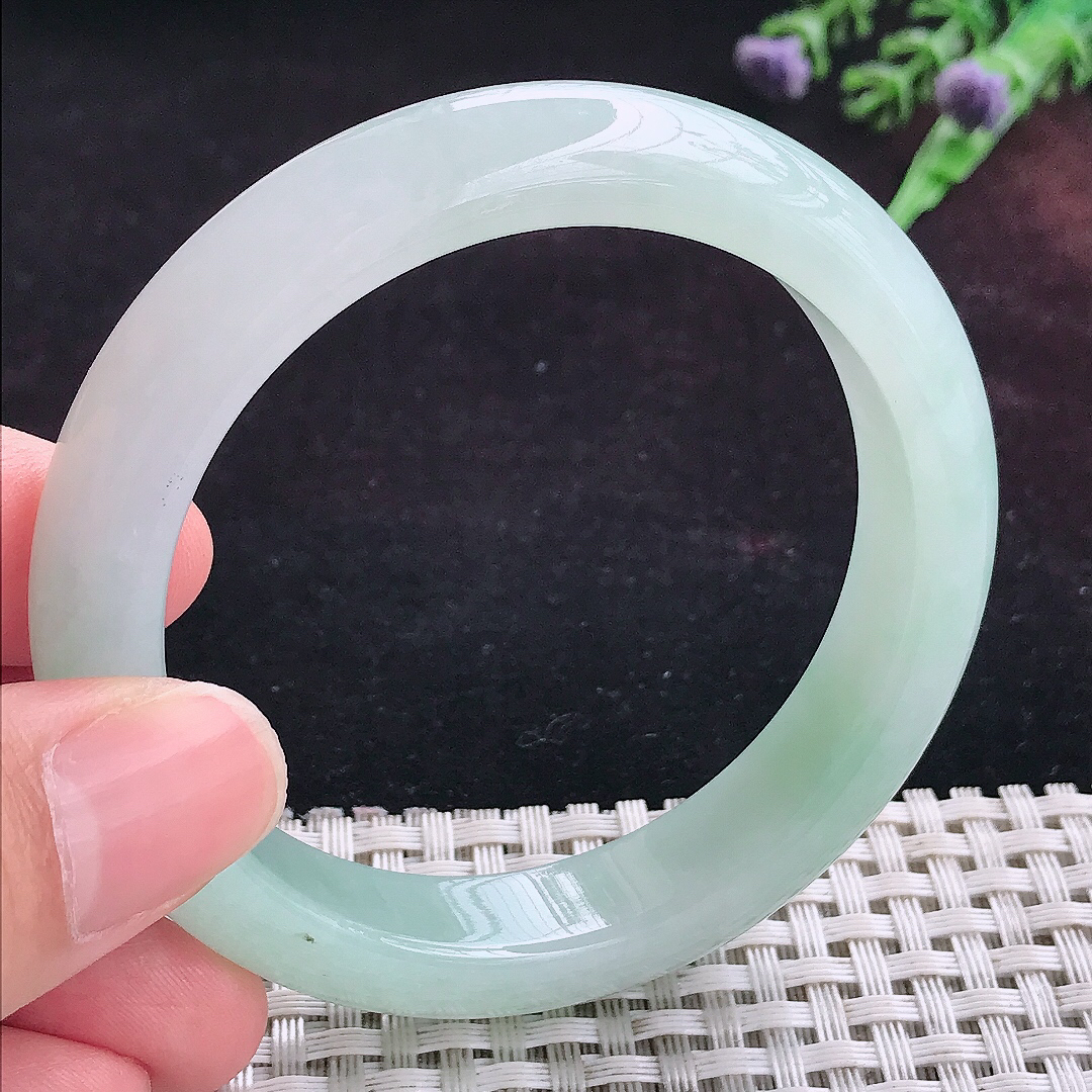 实拍A货翡翠54.5/12.3/8.5老坑冰润起胶冰晴绿手镯宽边玉镯平安镯手环