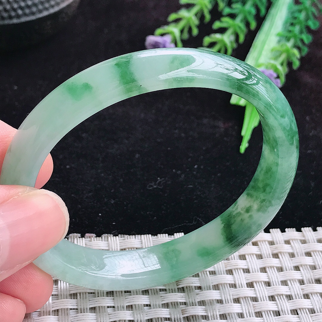 实拍A货翡翠53/44/11/6.5老坑精美冰飘花贵妃手镯宽边玉镯平安镯手环