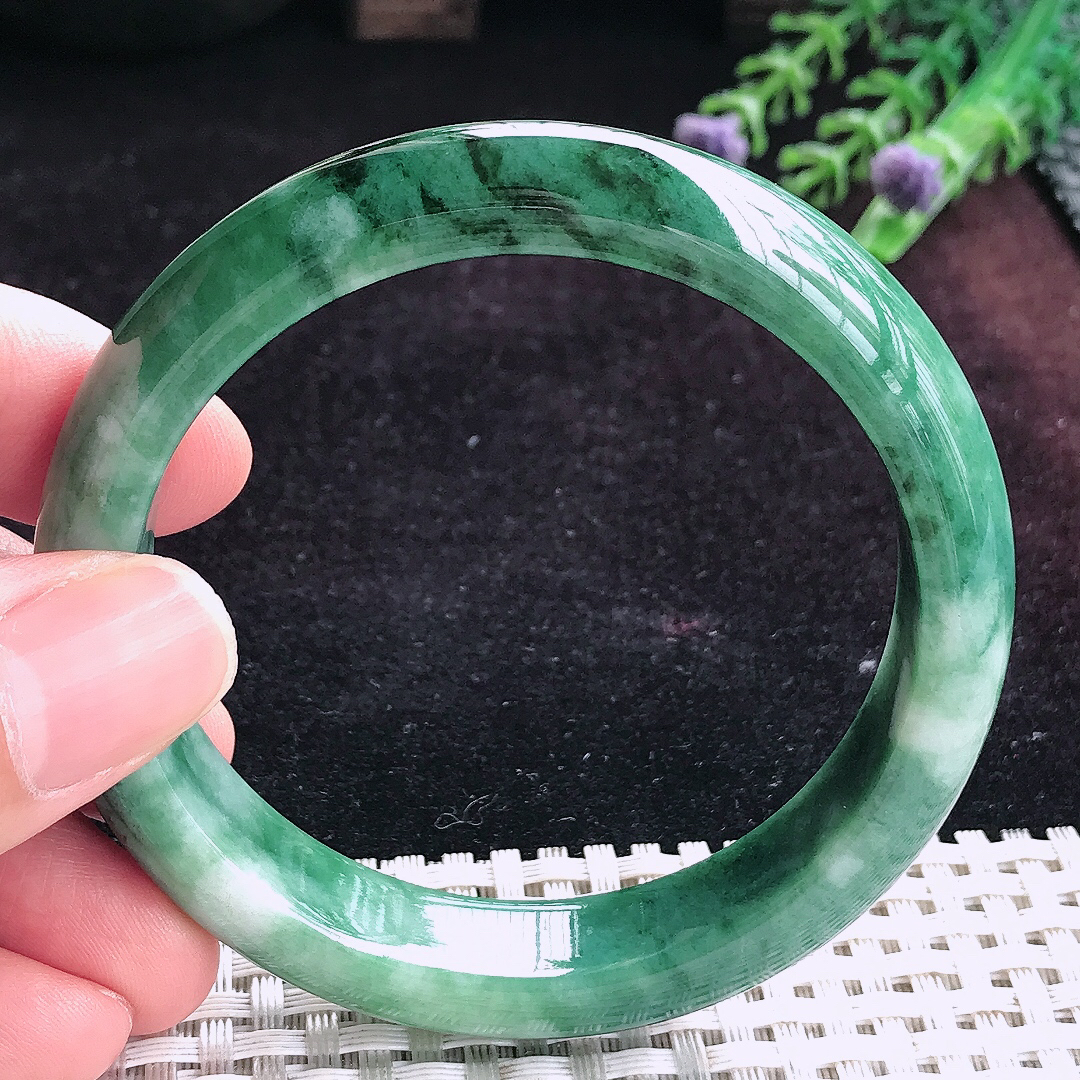 实拍A货翡翠56.5/12.8/8老坑温润特色飘花手镯宽边玉镯平安镯手环