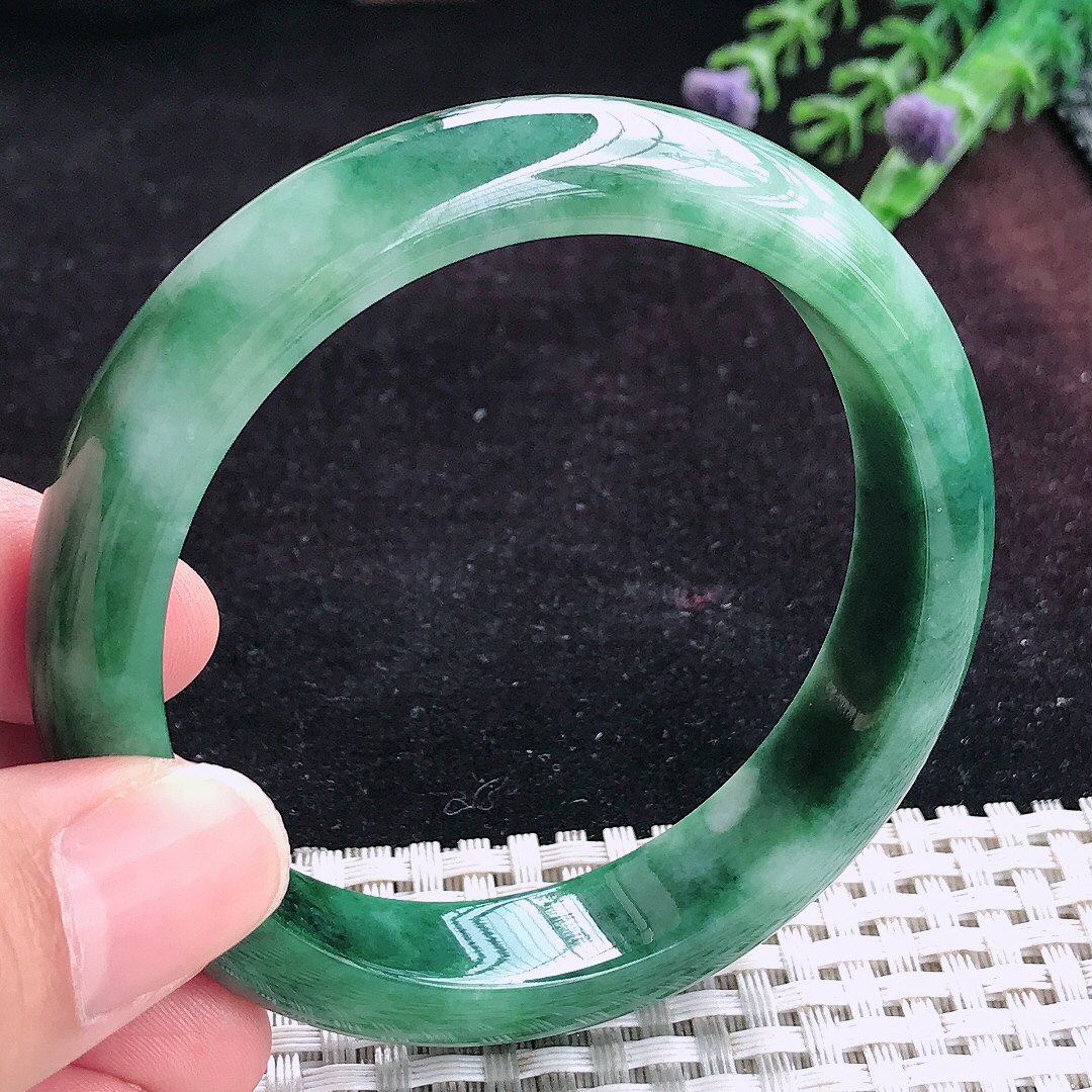 实拍A货翡翠56.5/12.8/8老坑温润特色飘花手镯宽边玉镯平安镯手环