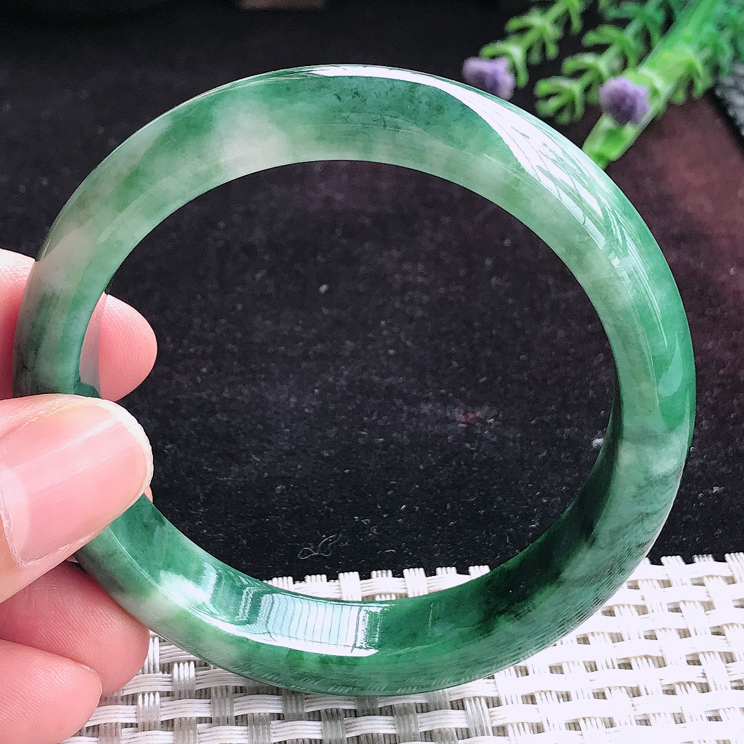 实拍A货翡翠56.5/12.8/8老坑温润特色飘花手镯宽边玉镯平安镯手环