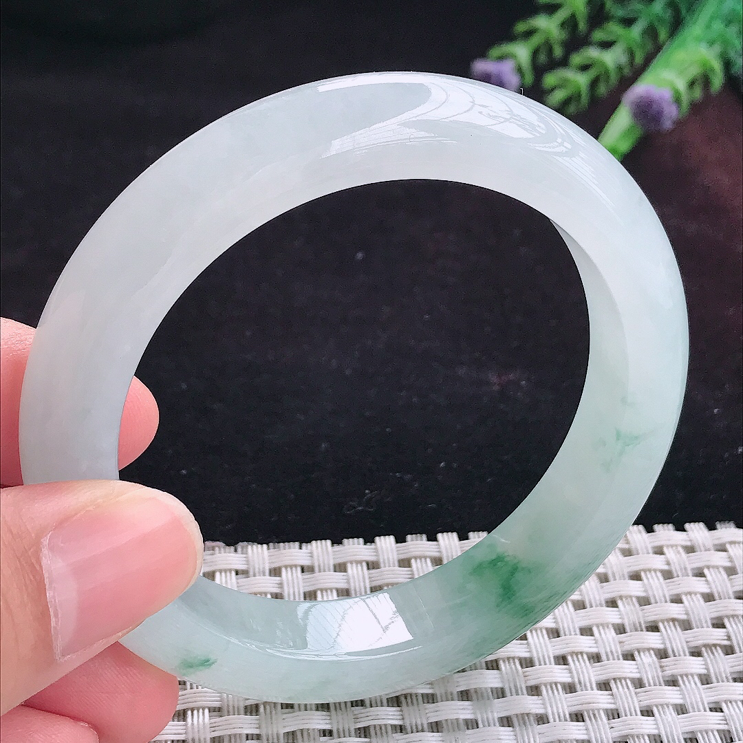 实拍A货翡翠55/11.8/9老坑冰胶冰飘花手镯宽边玉镯平安镯手环