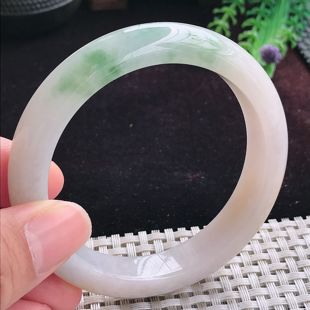 实拍A货翡翠58/12.8/8.8老坑冰润洒黄翡飘花手镯宽边玉镯平安镯手环