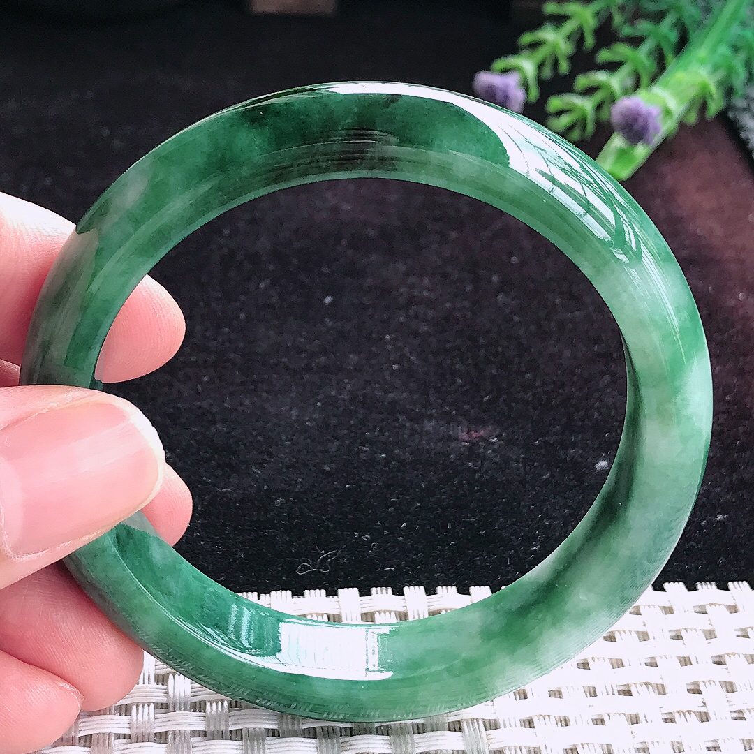 实拍A货翡翠56.5/12.8/8老坑温润特色飘花手镯宽边玉镯平安镯手环