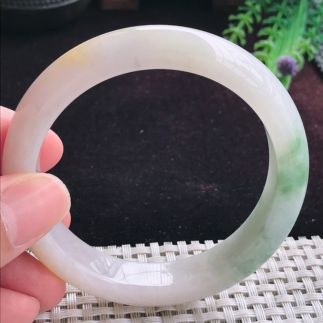 实拍A货翡翠58/12.8/8.8老坑冰润洒黄翡飘花手镯宽边玉镯平安镯手环