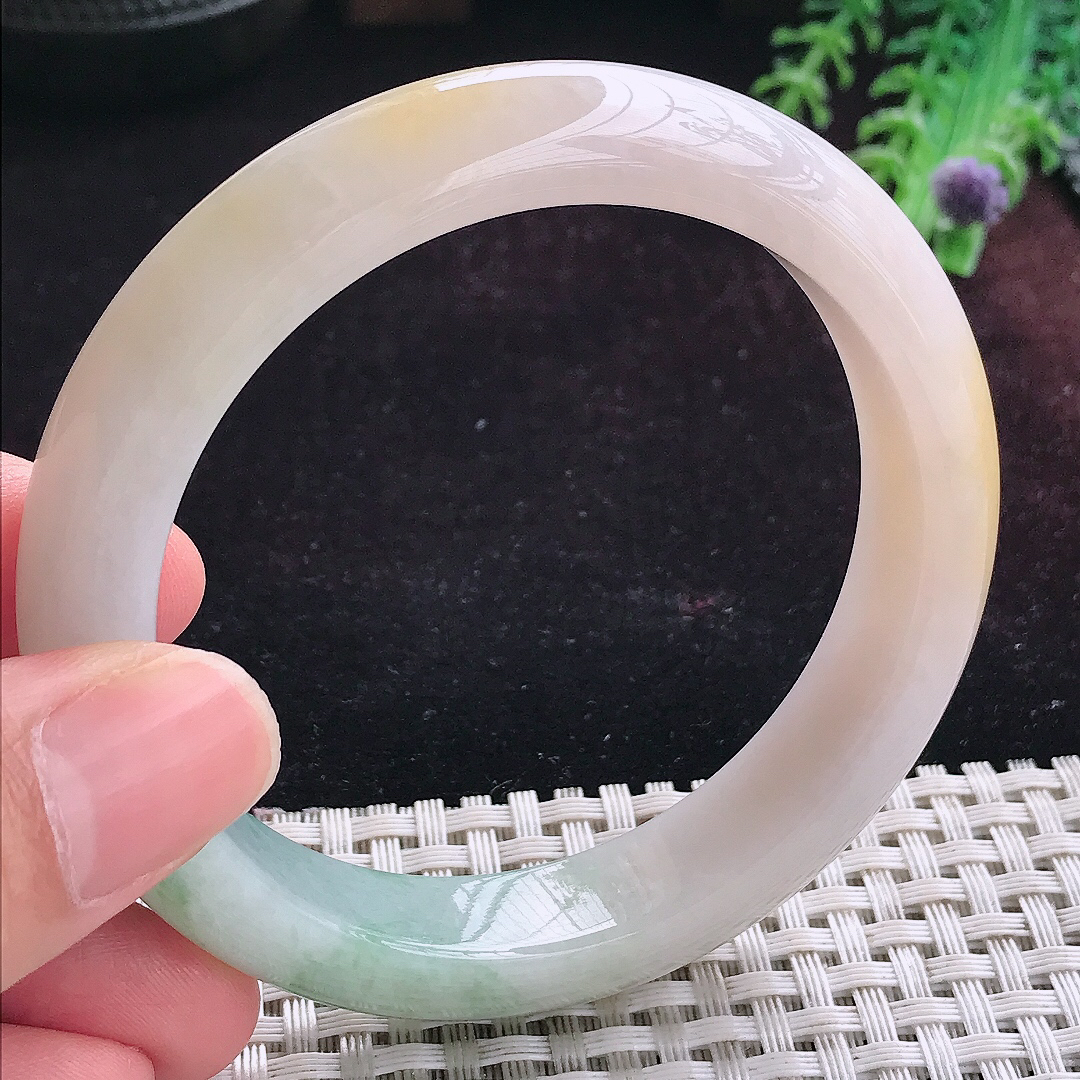 实拍A货翡翠58/12.8/8.8老坑冰润洒黄翡飘花手镯宽边玉镯平安镯手环